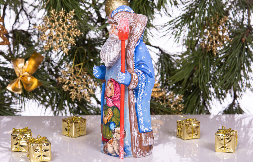 Father Christmas wooden figurine 9 inch, blue Santa, village child and dog, mantel display