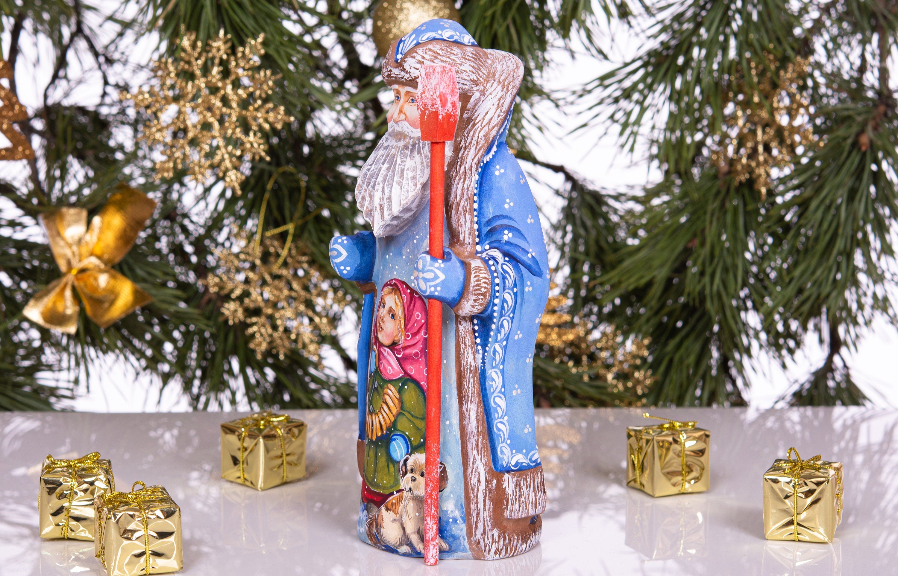 Father Christmas wooden figurine 9 inch, blue Santa, village child and dog, mantel display