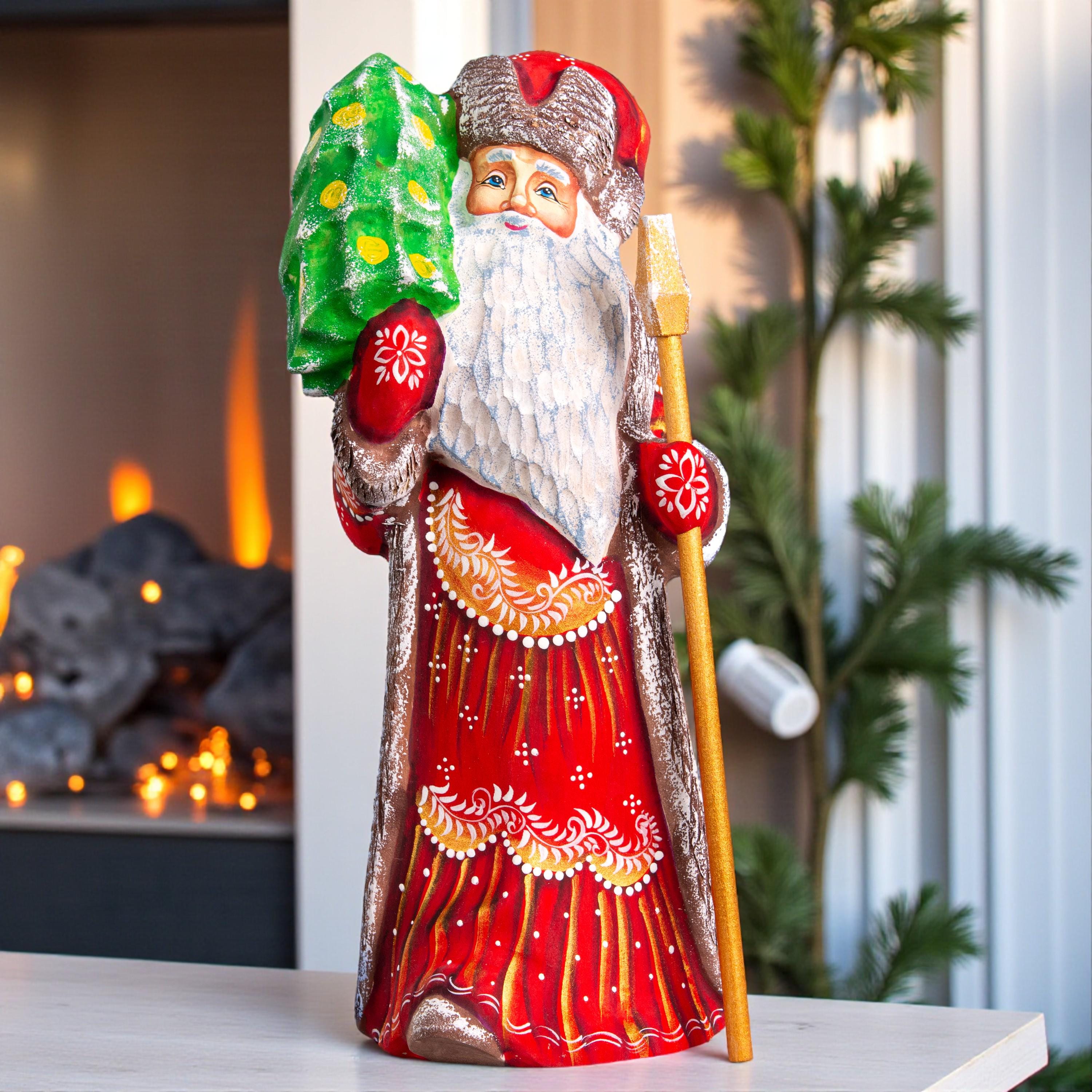 Hand Carved Santa Figurine: Red & Gold Robe, Wooden Christmas Mantel Decor