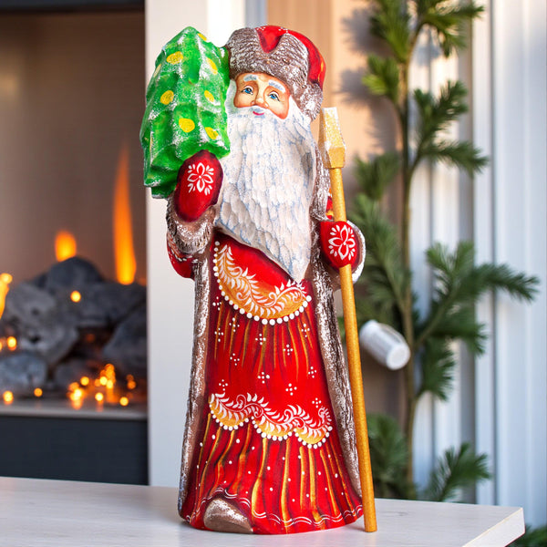 Hand Carved Santa Figurine: Red & Gold Robe, Wooden Christmas Mantel Decor