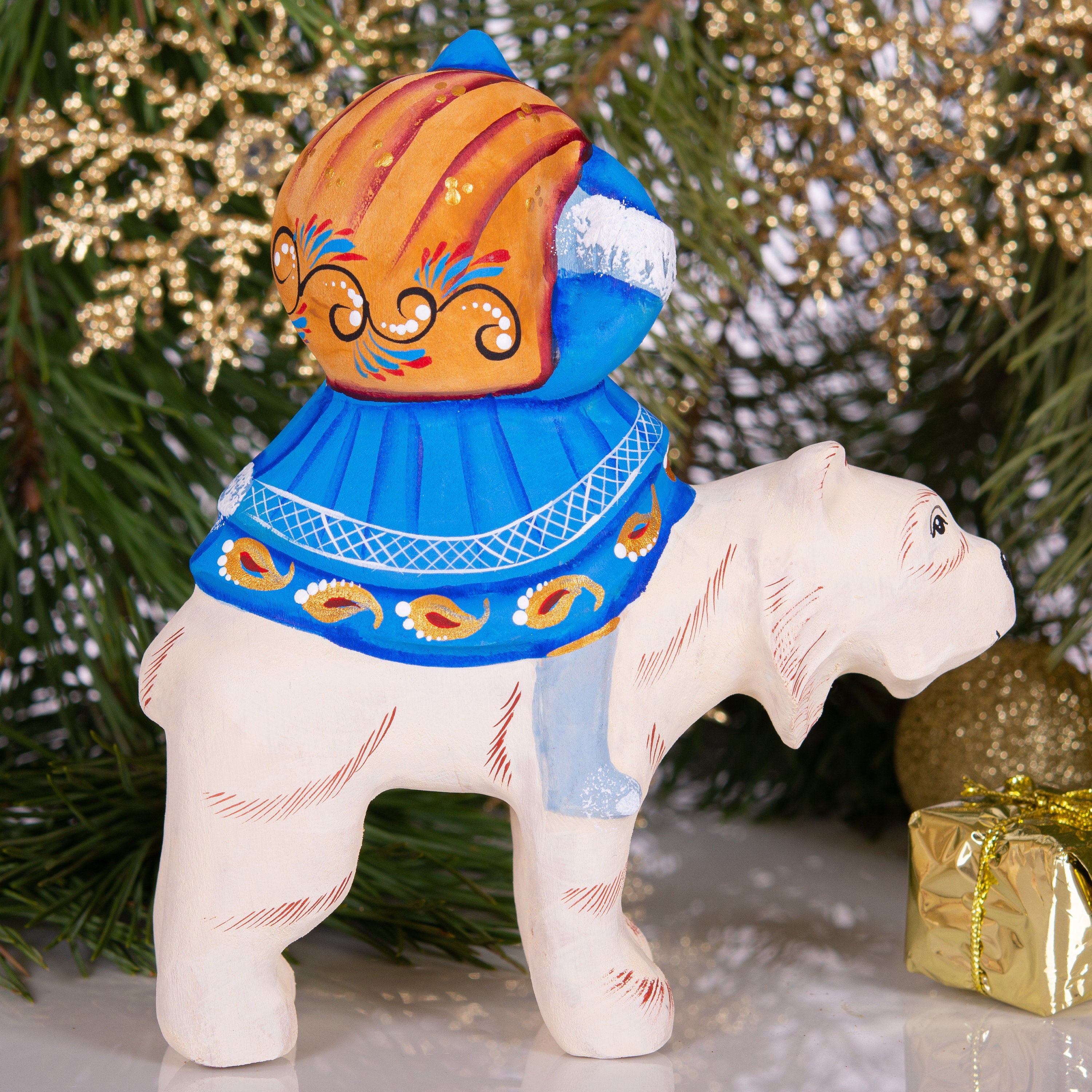 Old World Santa figurine riding polar bear, hand painted 6 inch