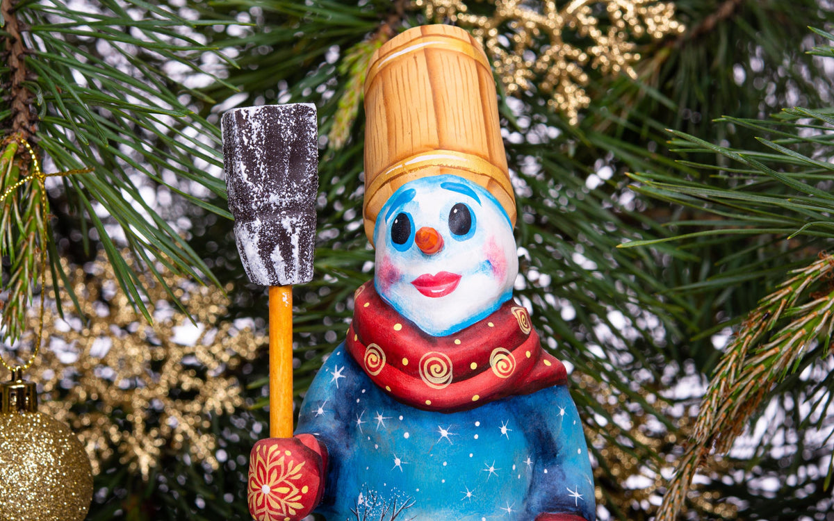 Snowman wooden figurine 8 inch, broom and sack, tabletop accent