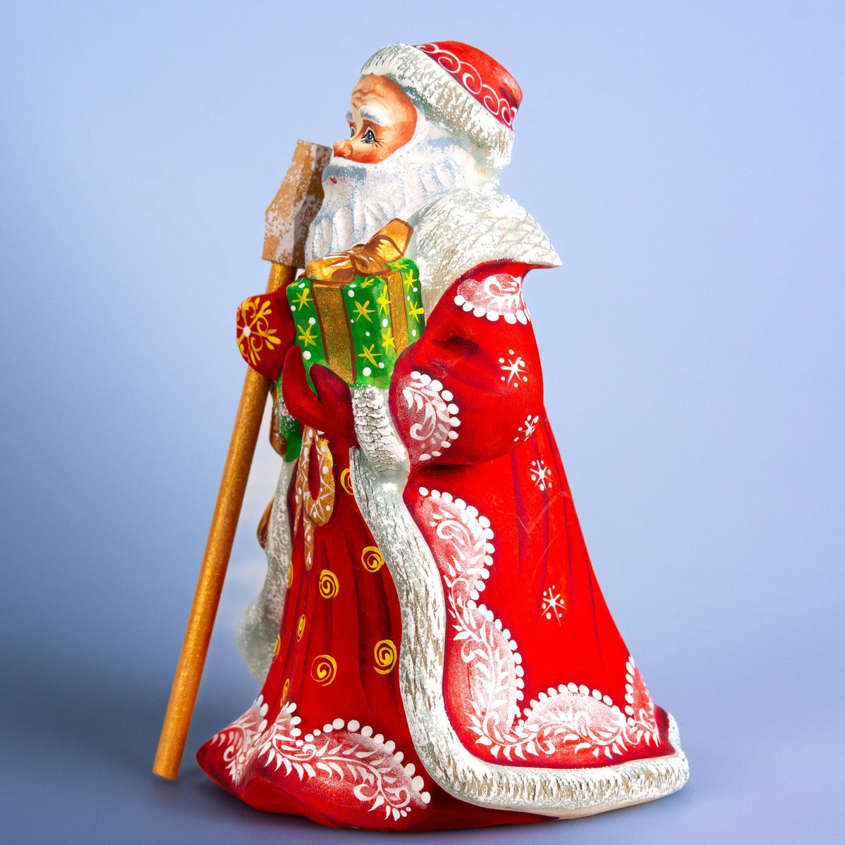 Father Christmas wooden figurine 7 inch, gift in hand, tabletop centerpiece, folk art