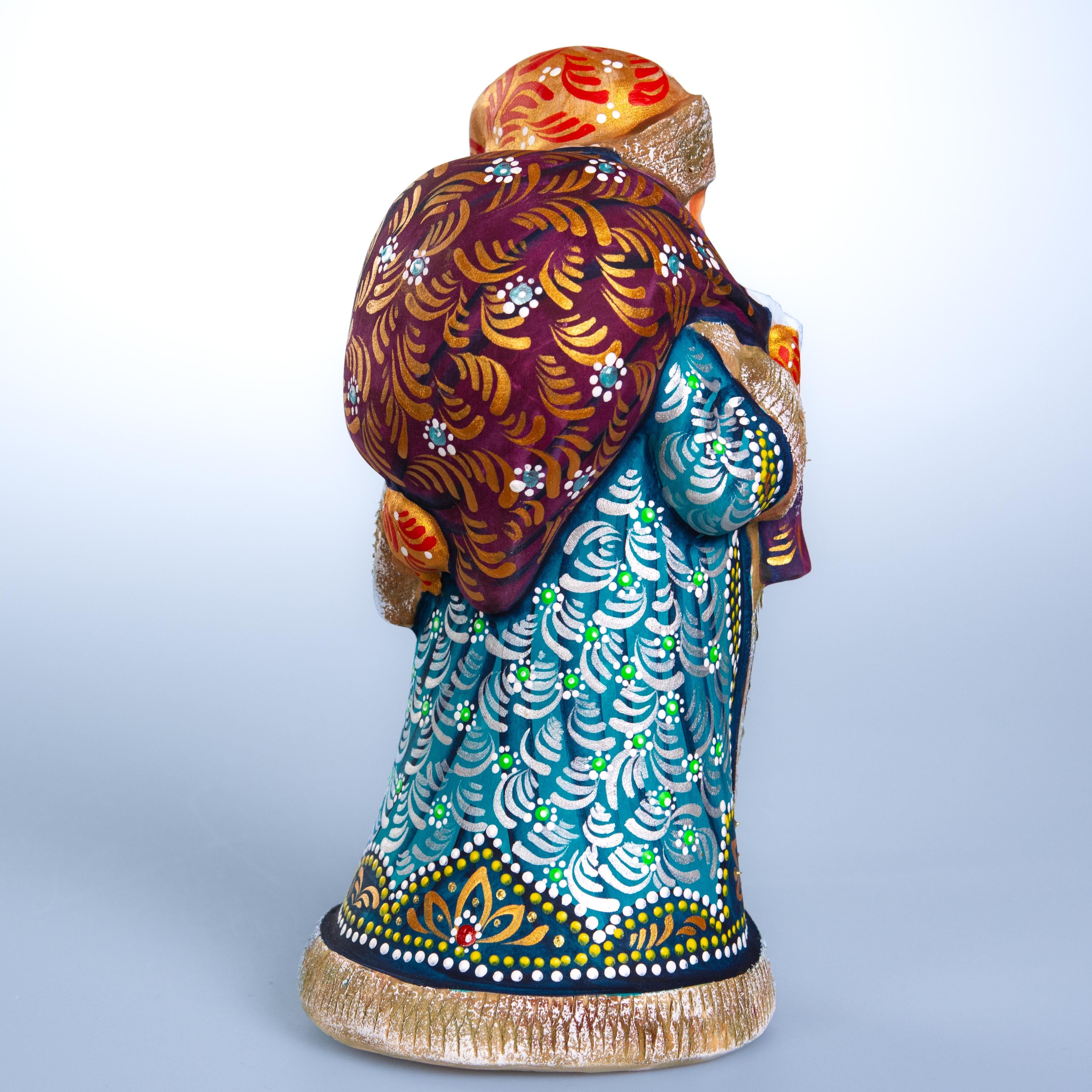 Old World Santa wooden figurine 9 inch, teal coat, shelf decor