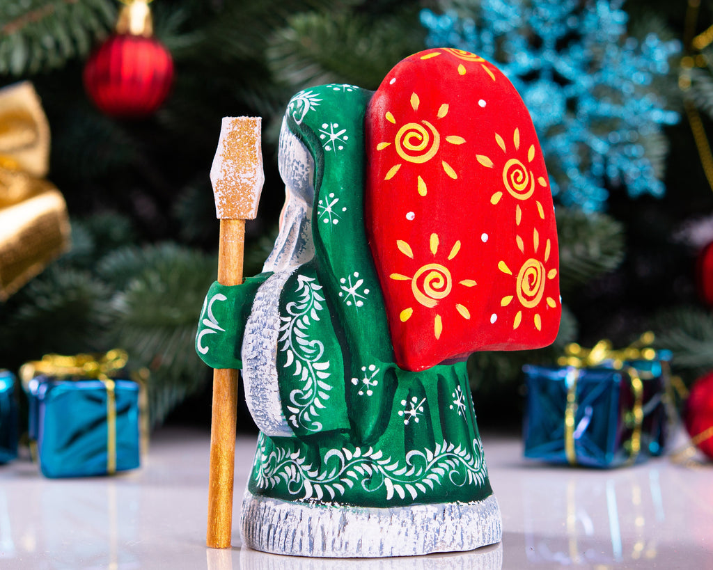 Hand carved green Santa wooden figurine 5 inch, folk art mantel decor
