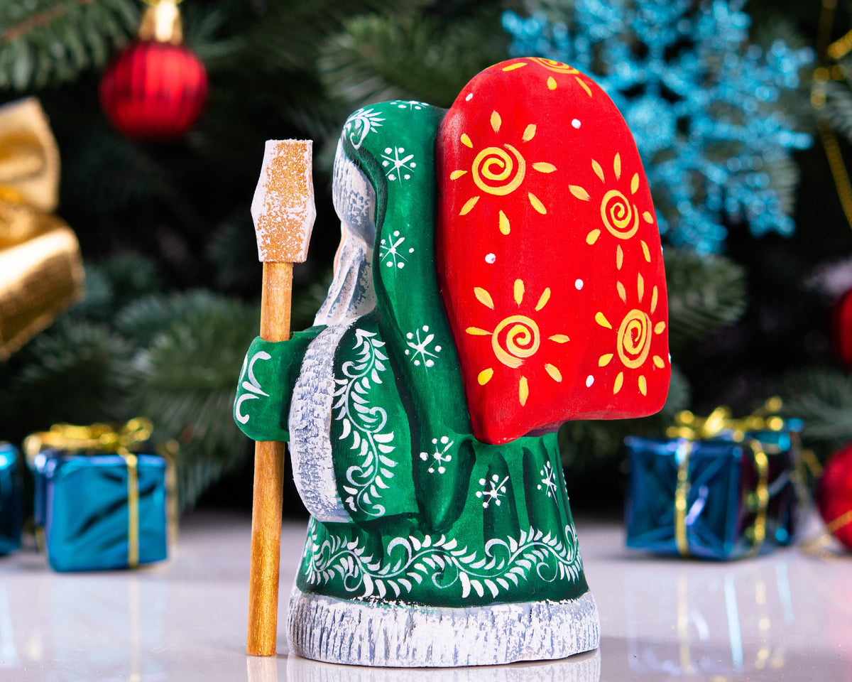 Hand carved green Santa wooden figurine 5 inch, folk art mantel decor