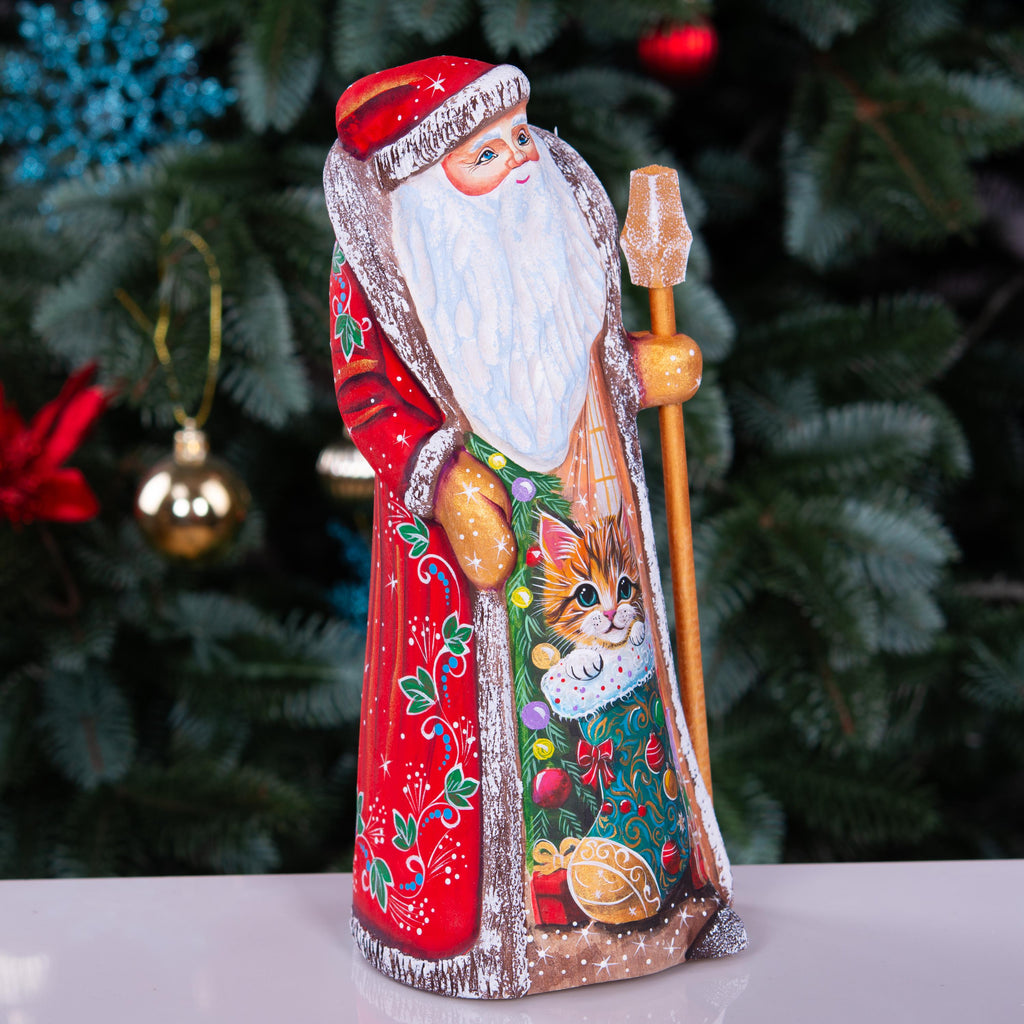 Hand carved Santa wooden figurine 9 inch, kitten in stocking scene