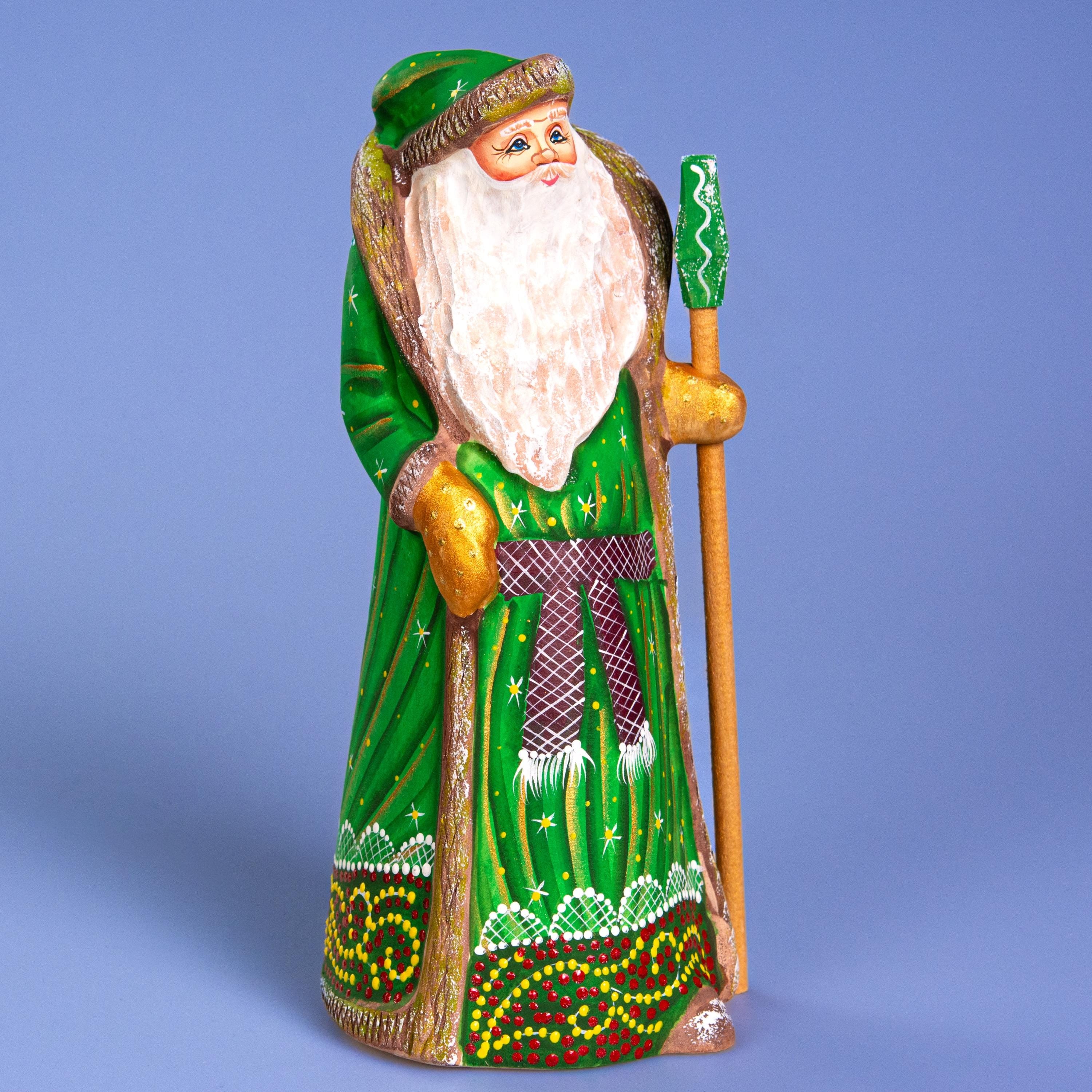 Hand carved green Santa wooden figurine 8.7 inch, Christmas mantel display decor
