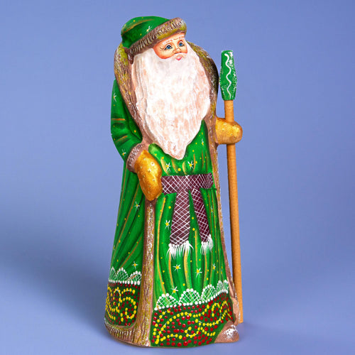 Hand carved green Santa wooden figurine 8.7 inch, Christmas mantel display decor
