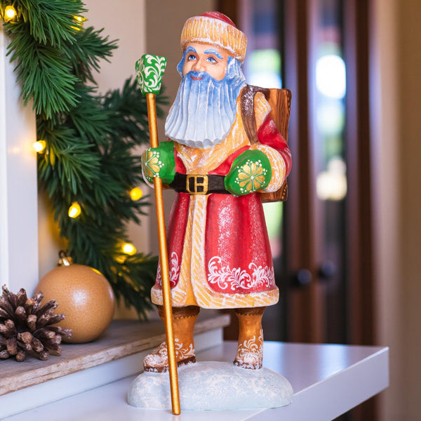Hand carved wooden Santa figurine 11 inch, cuckoo clock bullfinch scene, Christmas home accent