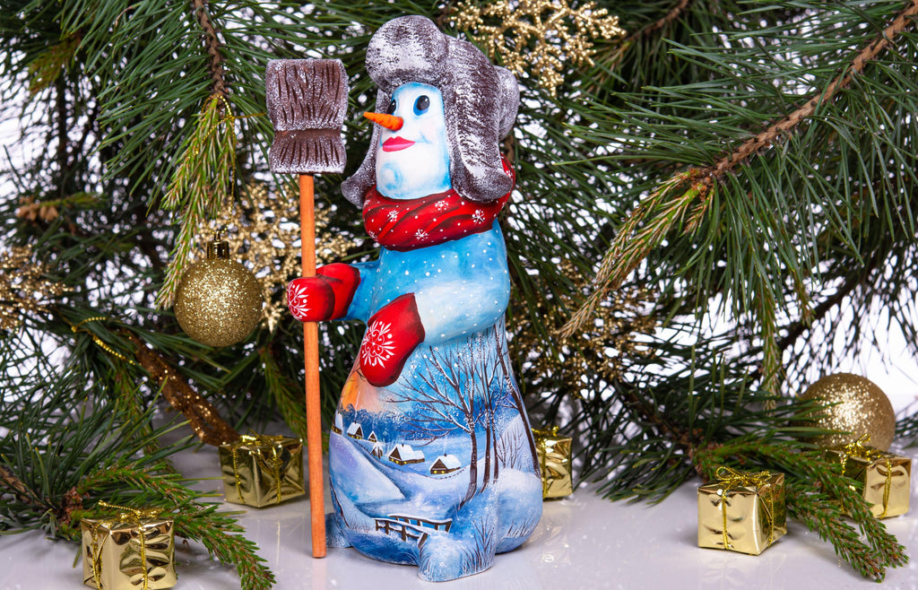 Old World snowman wood carving 9.1 inch, broom, mantel display