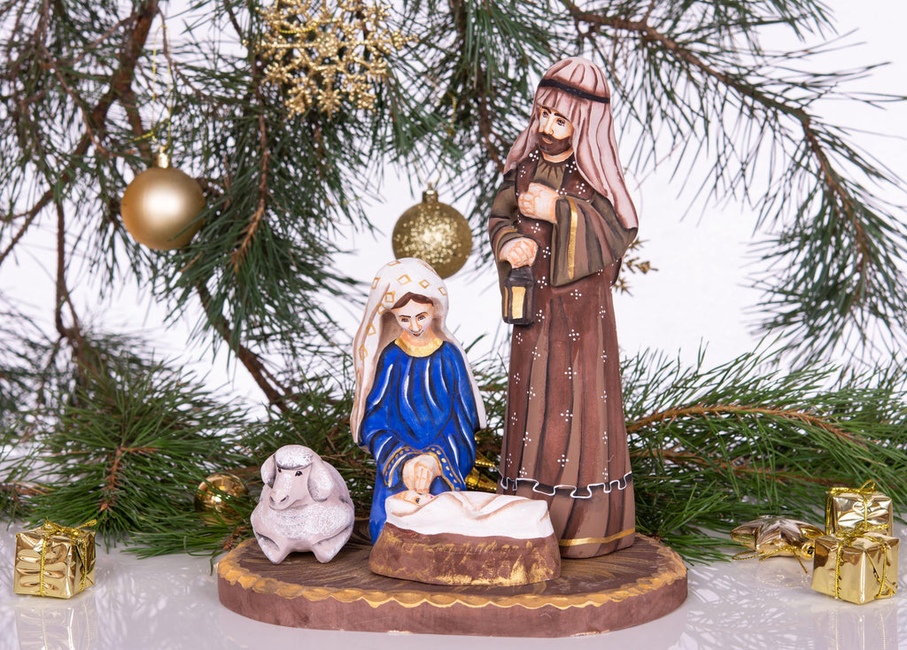 Hand carved Nativity figurine 9.4 inch, Holy Family manger scene