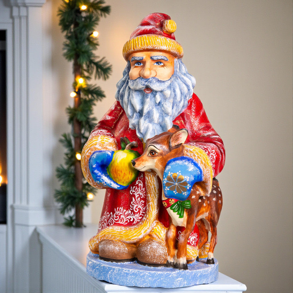 Hand carved Old-World Santa wooden figurine 14 inch, deer fawn apple scene, mantel decor