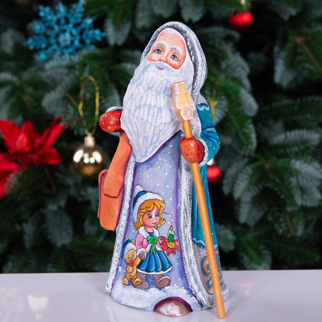 Hand carved Santa statue 9 inch, blue coat, child and teddy