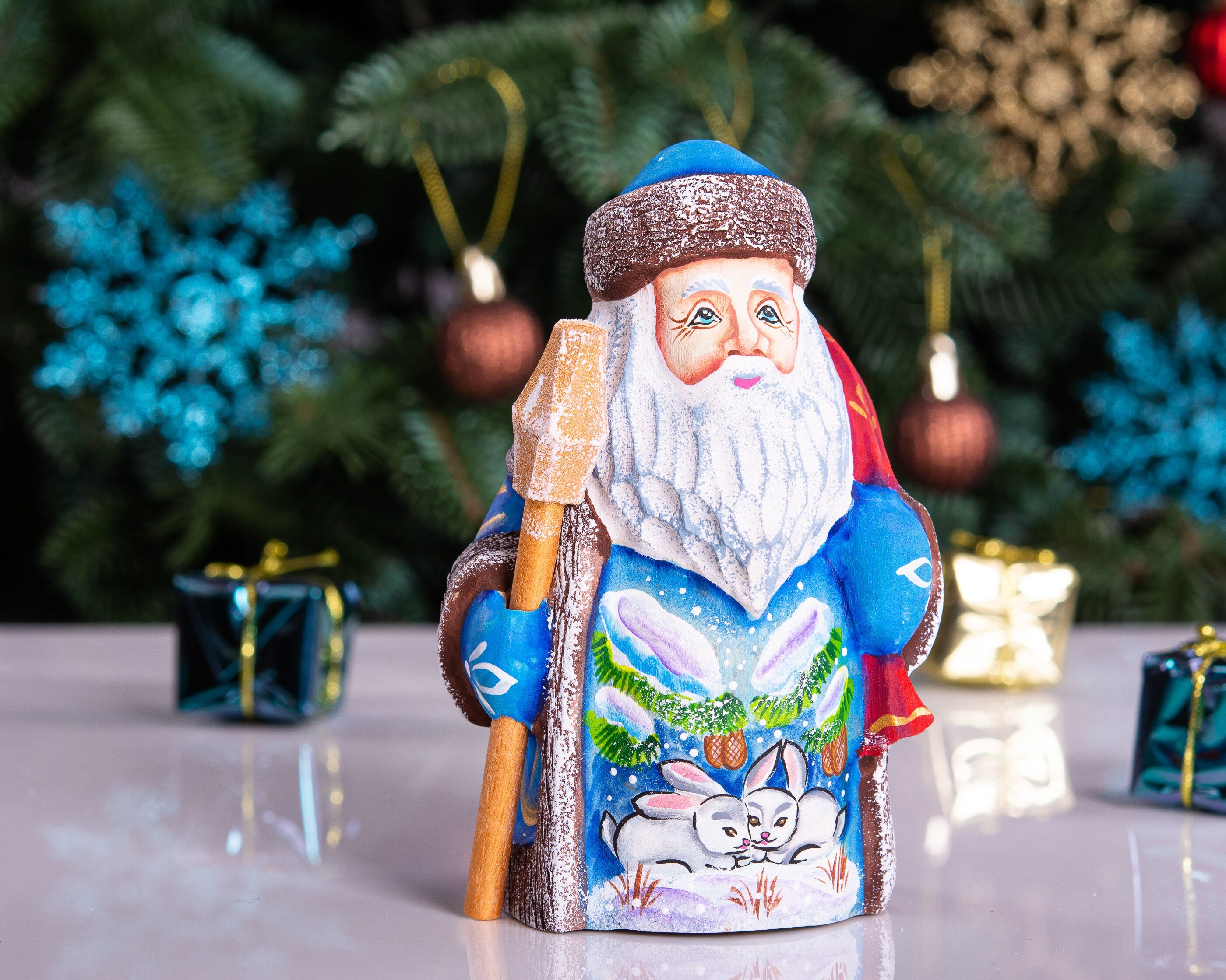 Old‑World Father Frost 5.1", Hand‑Carved Wood, Rabbits Under Pine
