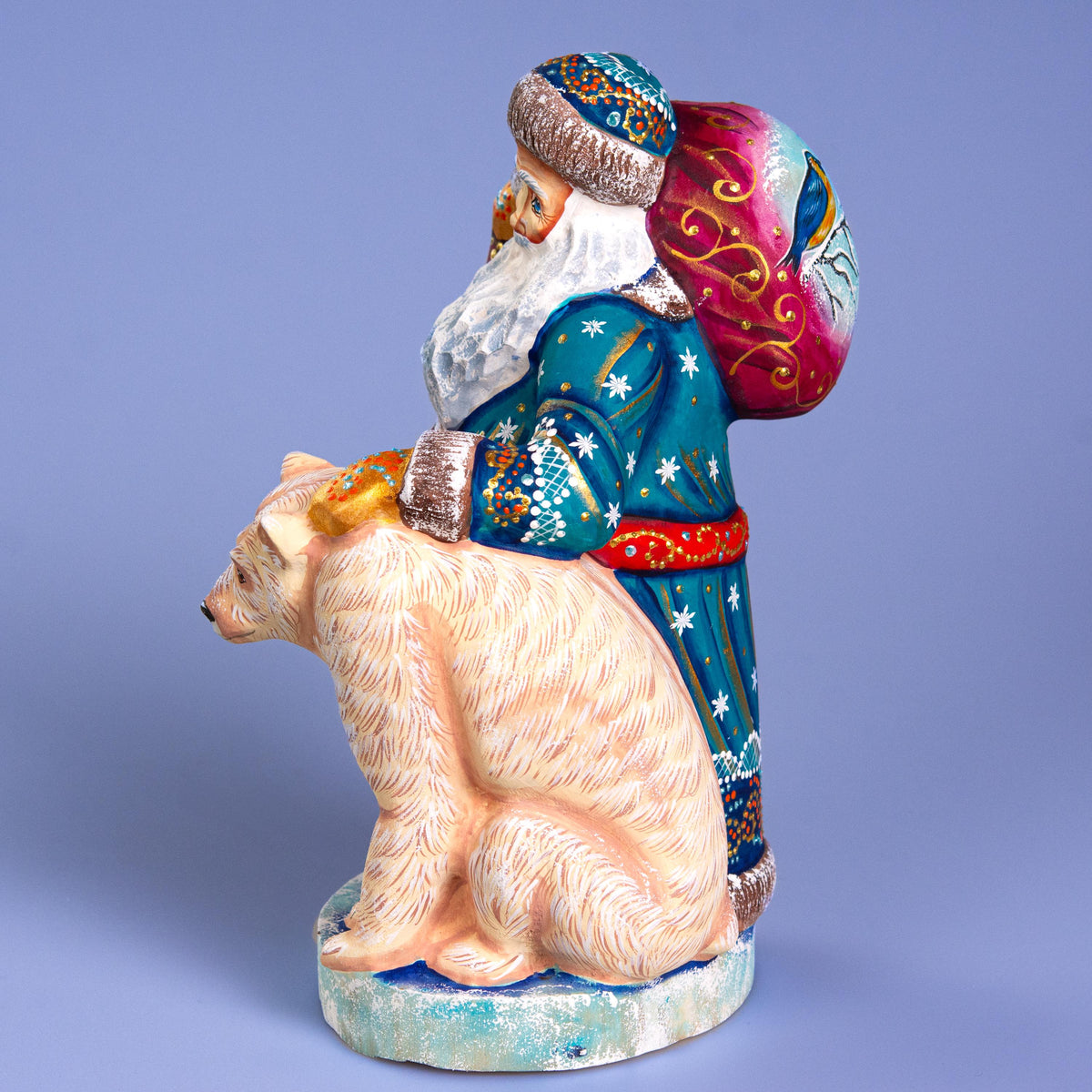 Blue Santa with Polar Bear Cub, 9" Hand Carved Wooden Figurine