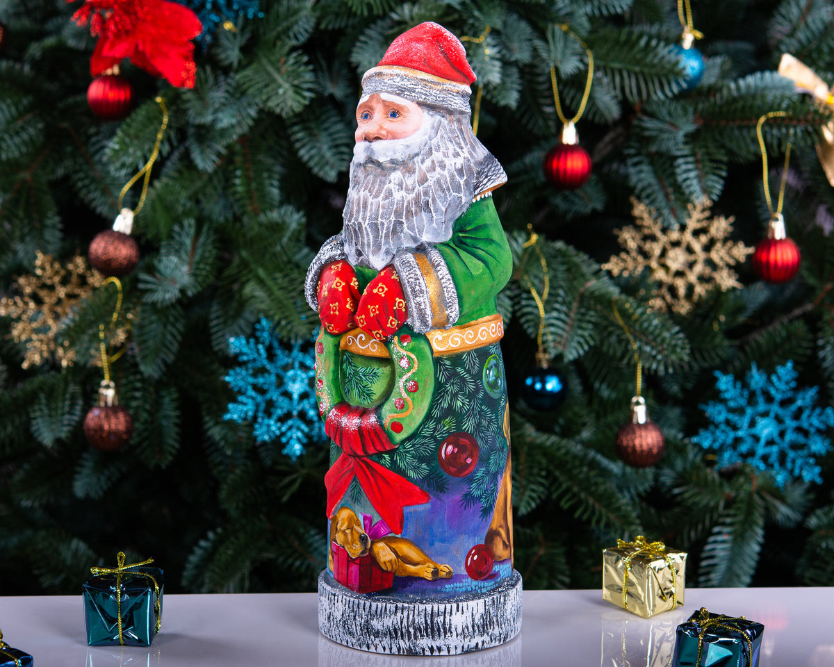 Collectible Santa figurine 11 inch with puppy and ornaments back painting