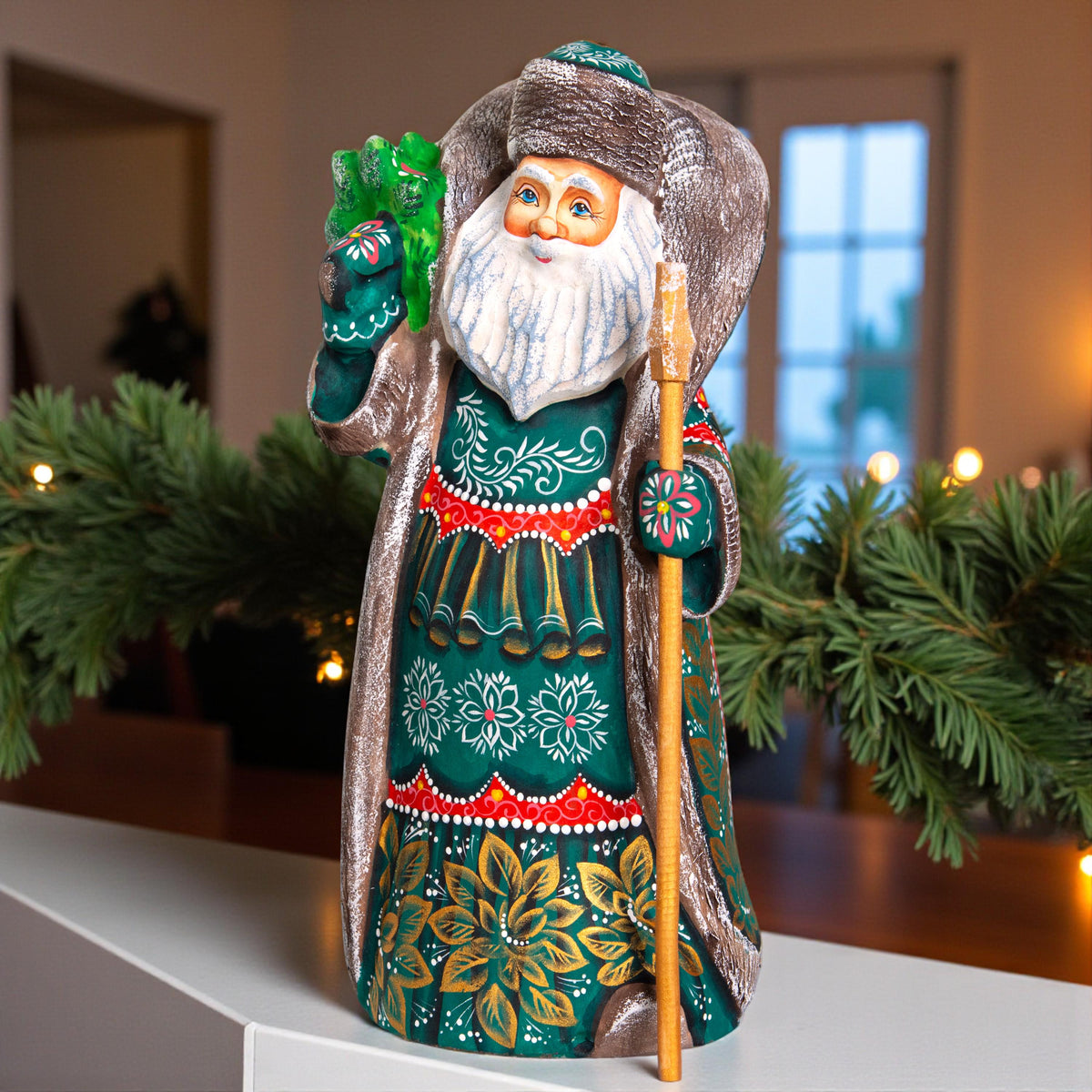 Old World Santa figurine 10.2 inch, carved wood, emerald coat, holiday shelf decor