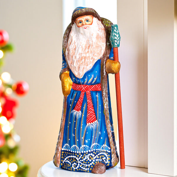 Vintage style blue Santa wooden figurine 8.7 inch, hand painted Christmas accent home decor