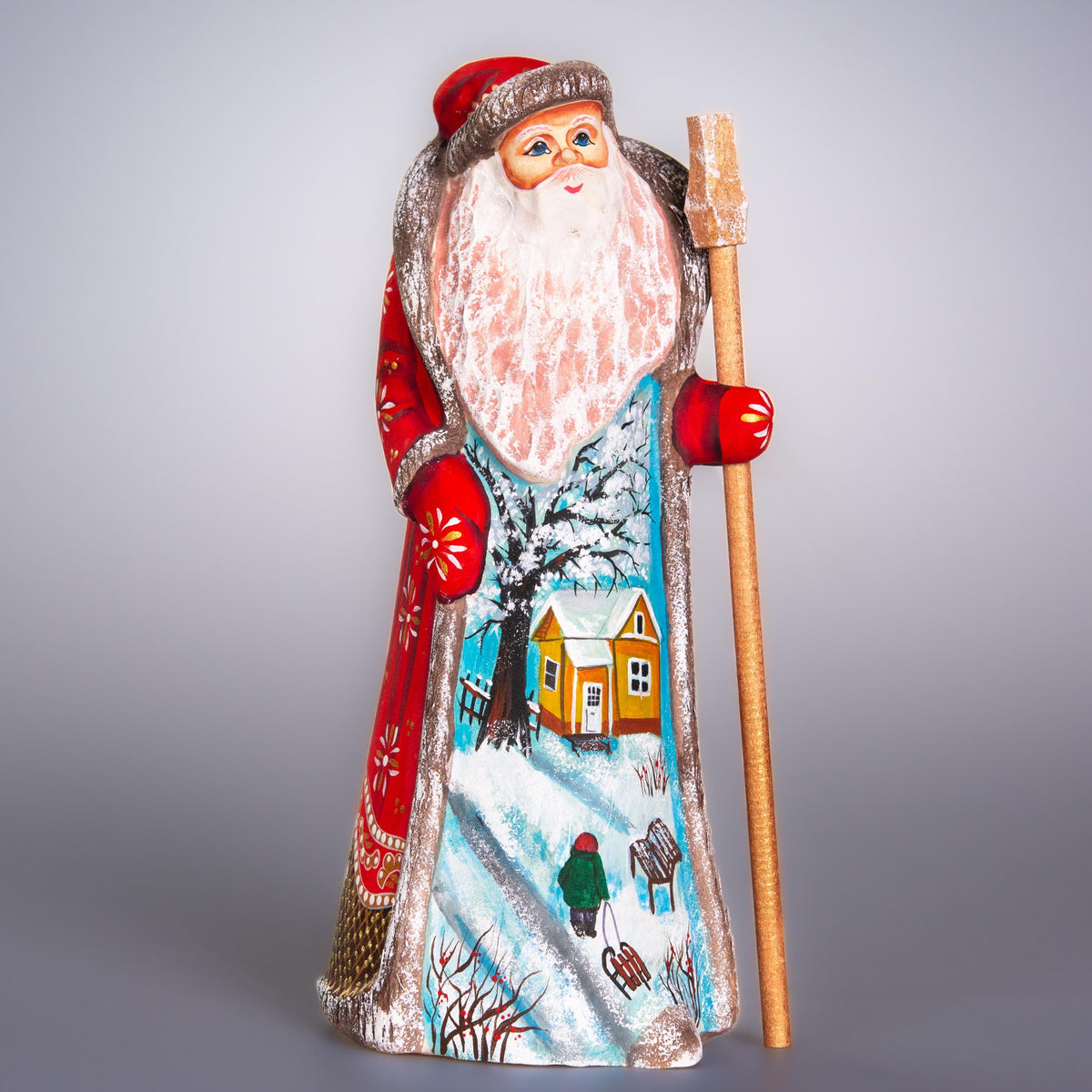 Hand Carved Wooden Santa Figurine, Winter Cottage Scene