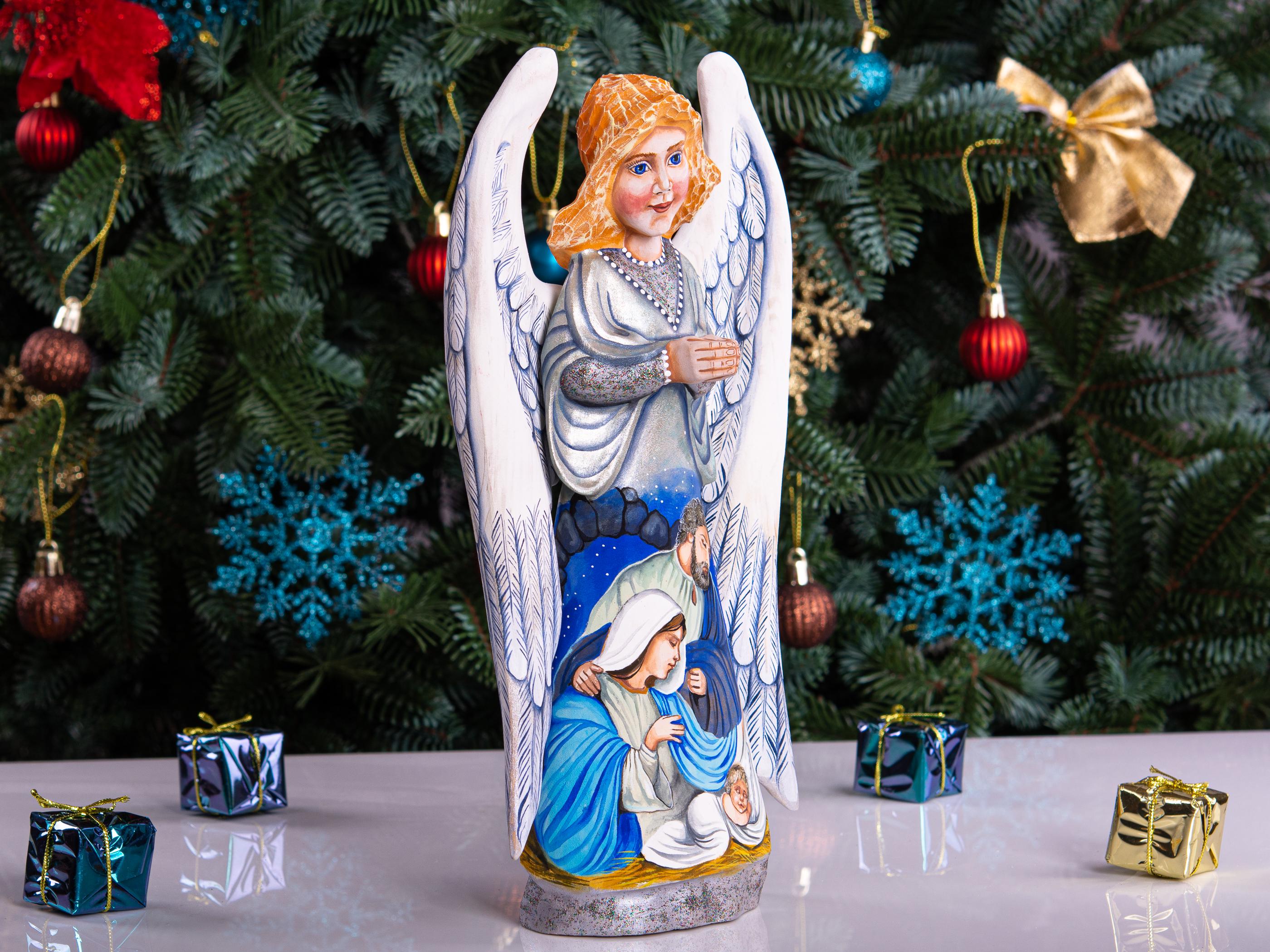 Hand carved Angel figurine 10 inch, Holy Family Nativity display