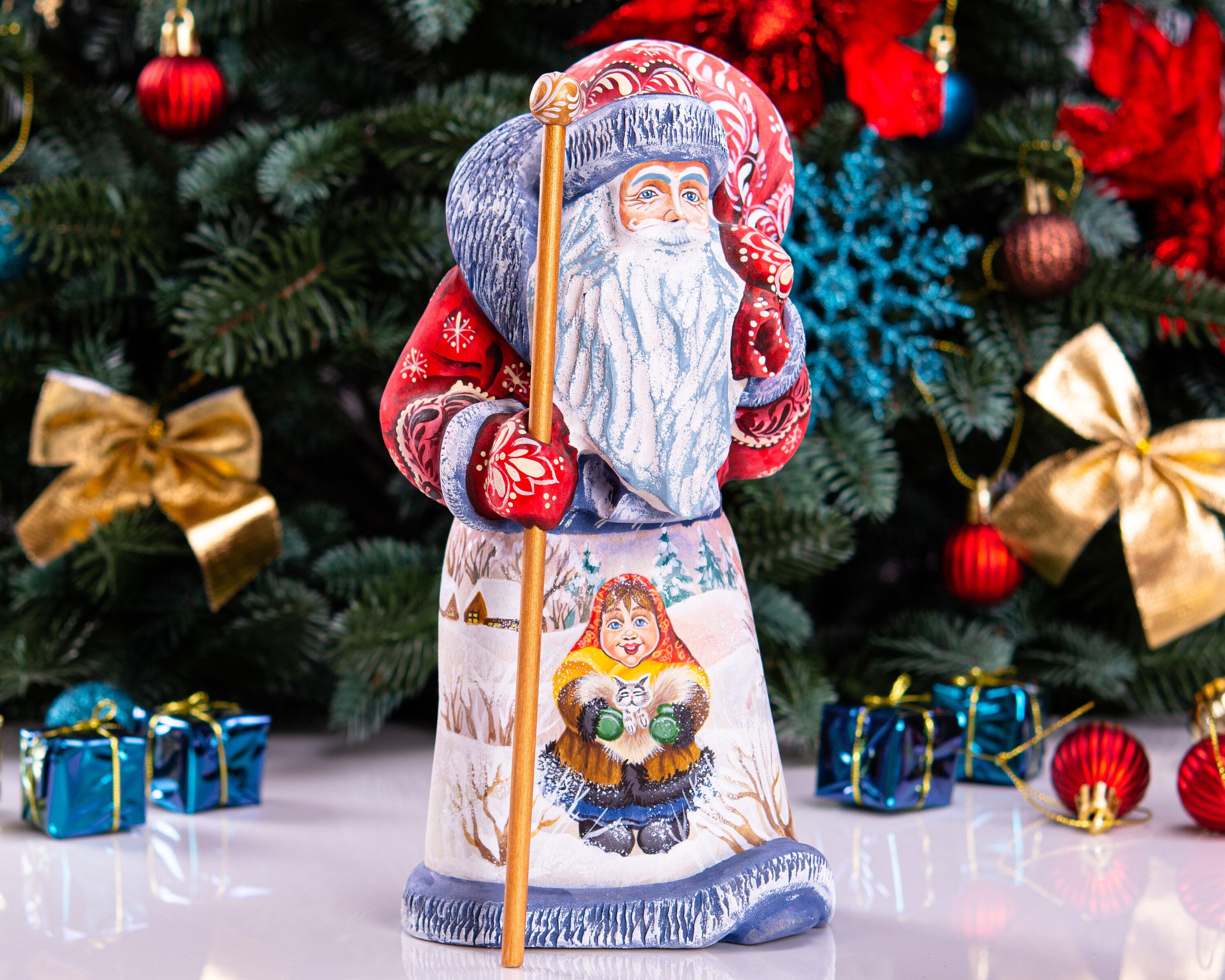 Carved wooden Santa figurine 9 inch, child holding kitten, collectible folk art decor