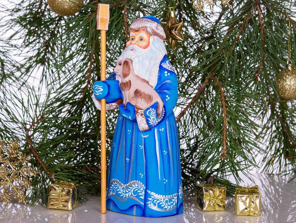 Blue Santa wood figurine 8.7 inch, hand carved with dog, Christmas shelf accent