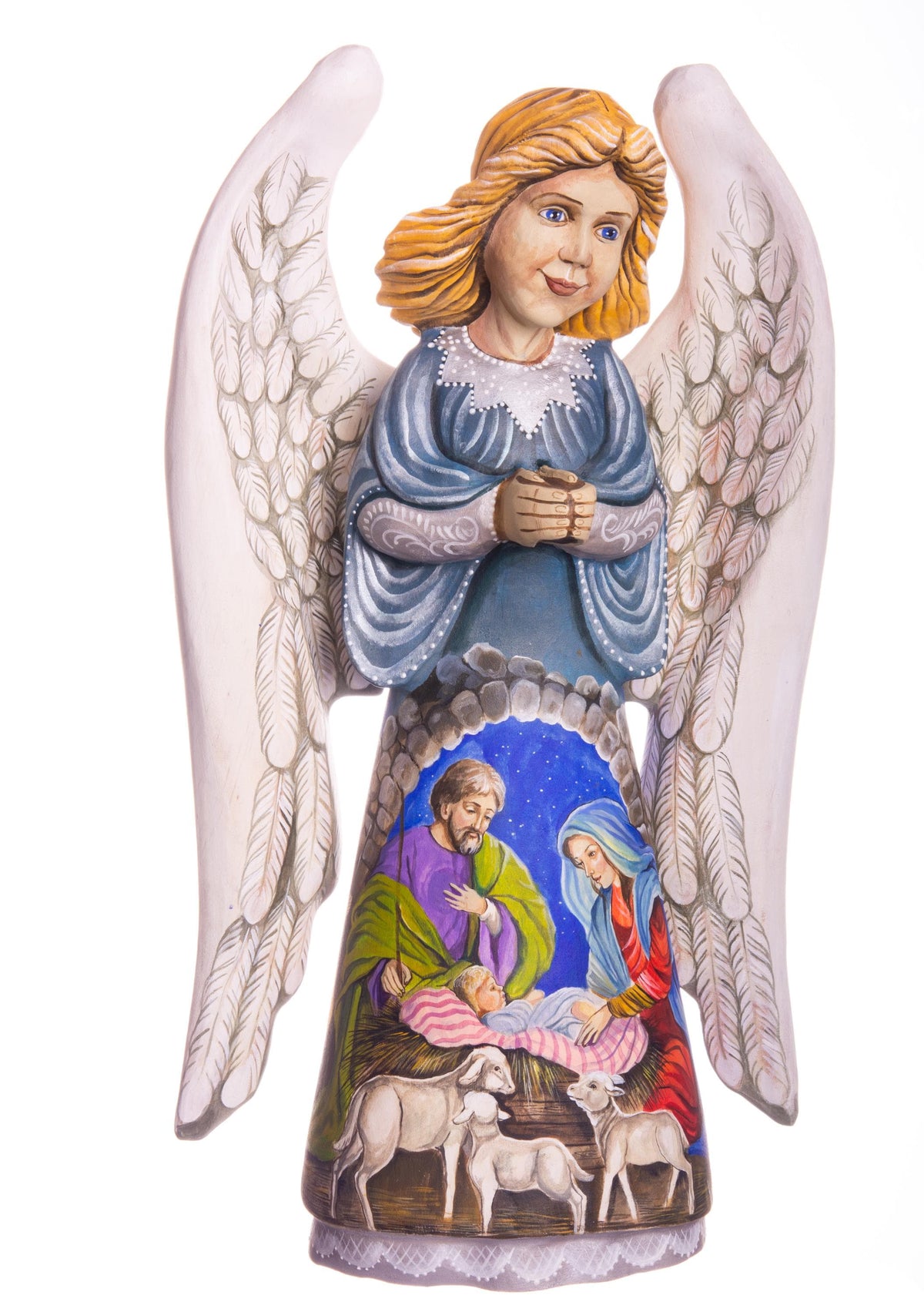 Hand carved angel figurine 12.9 inch, Holy Family Nativity, mantel display