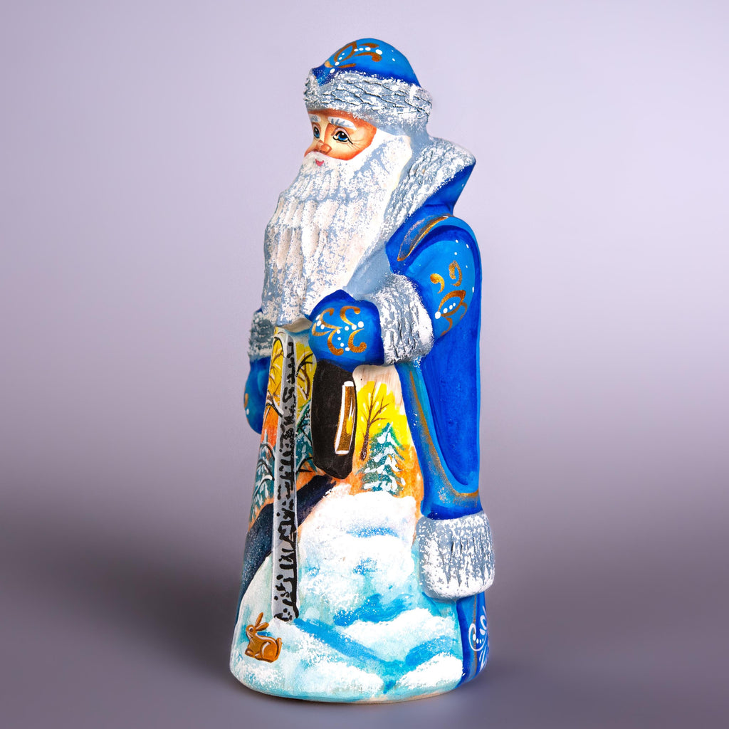 Blue Santa Figurine 7", Hand Painted Wood, Winter Landscape