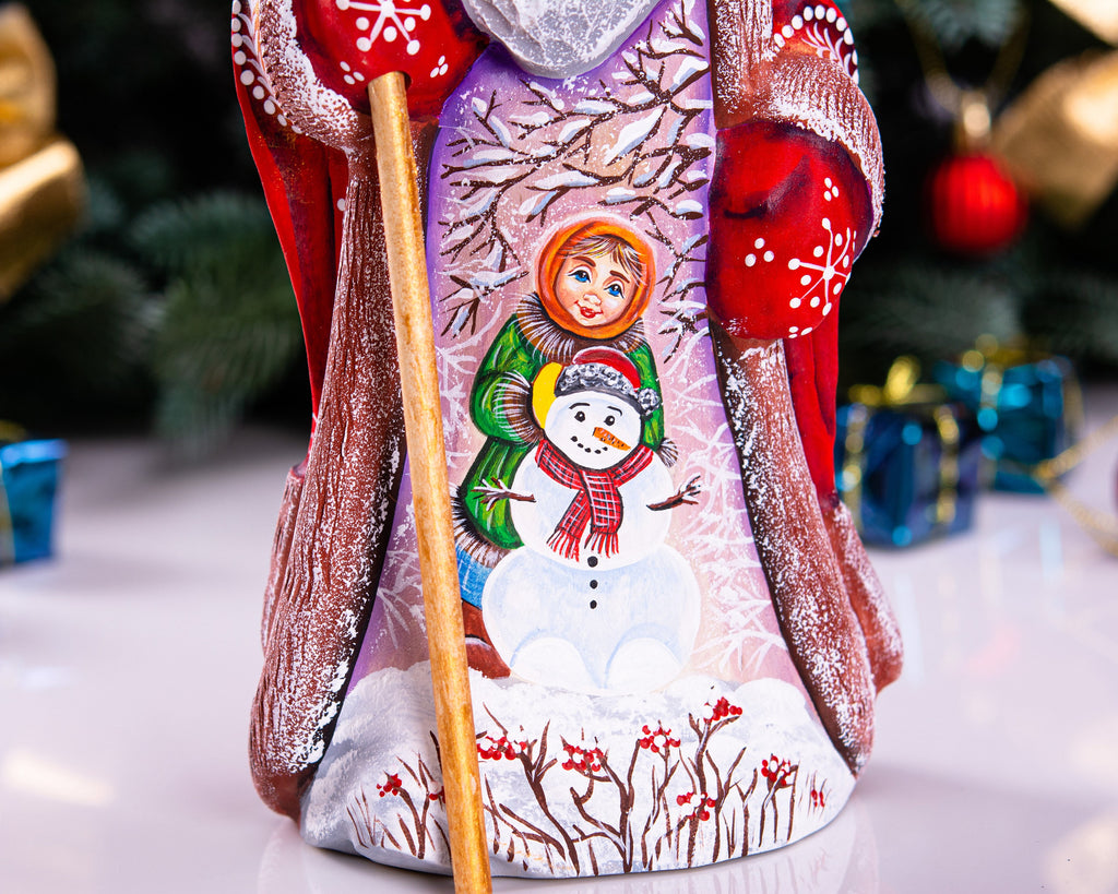 Hand carved wooden Santa figurine 9.4 inch, child with snowman scene, mantel decor