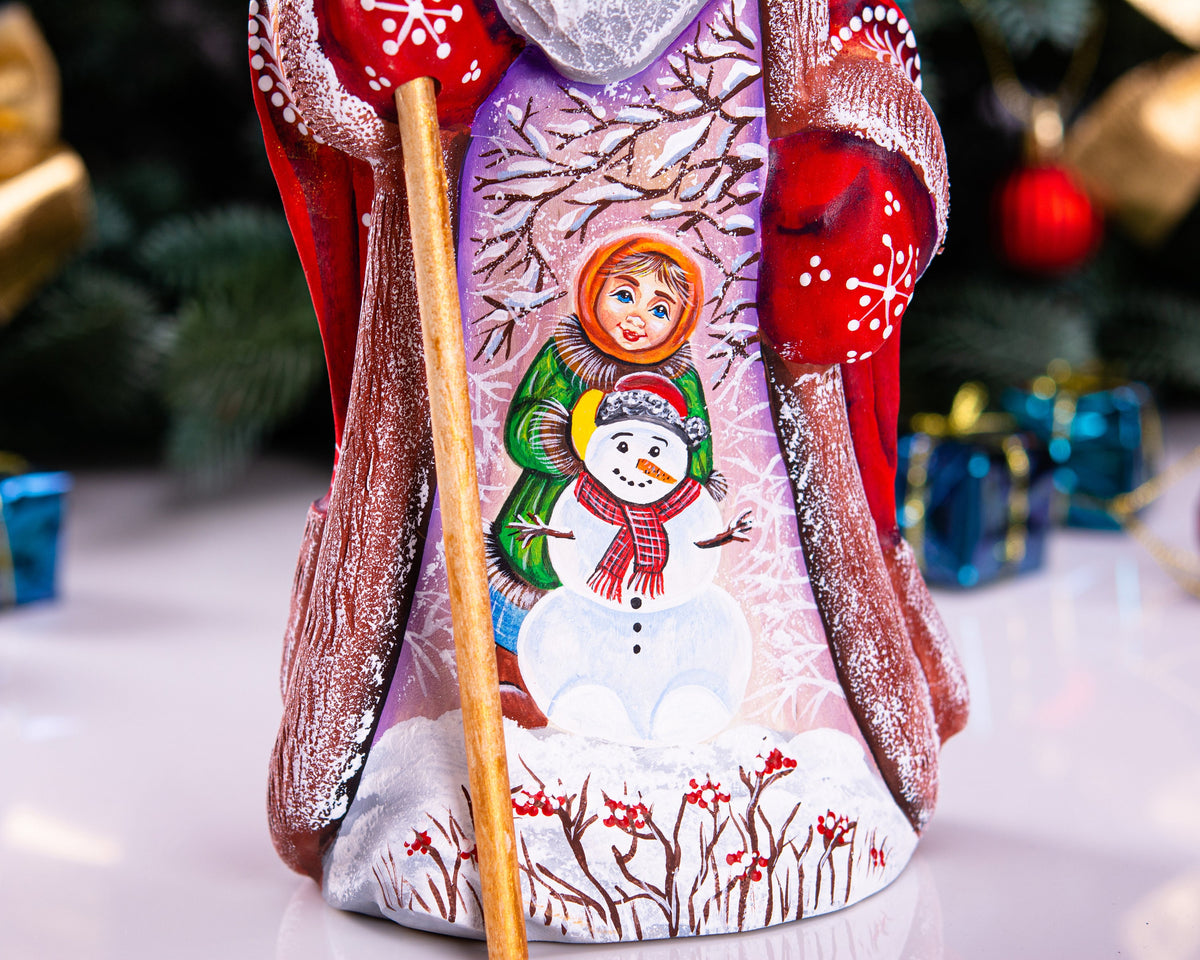 Hand carved wooden Santa figurine 9.4 inch, child with snowman scene, mantel decor