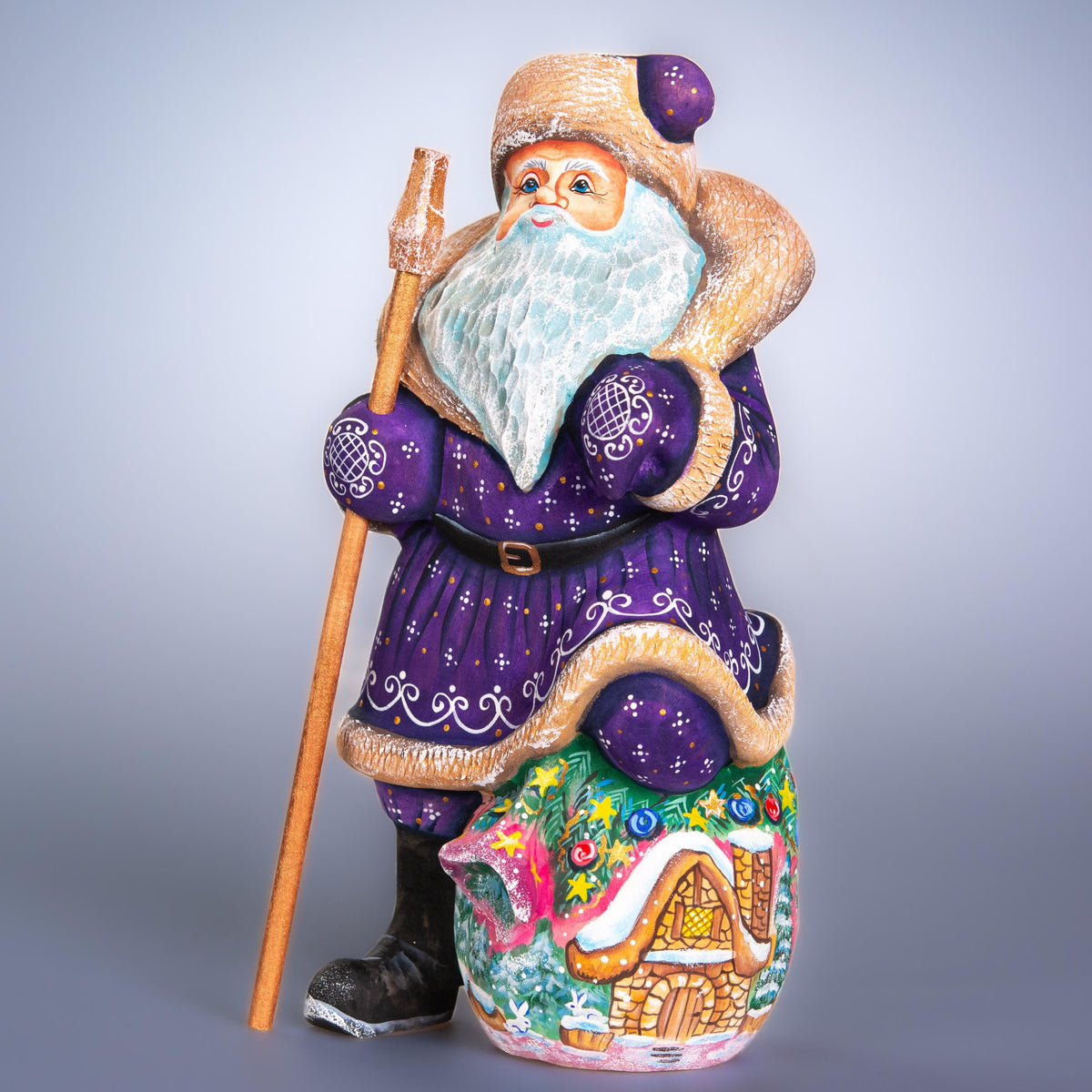 Hand carved wooden Santa figurine 9.4 inch, purple coat, cottage scene decor