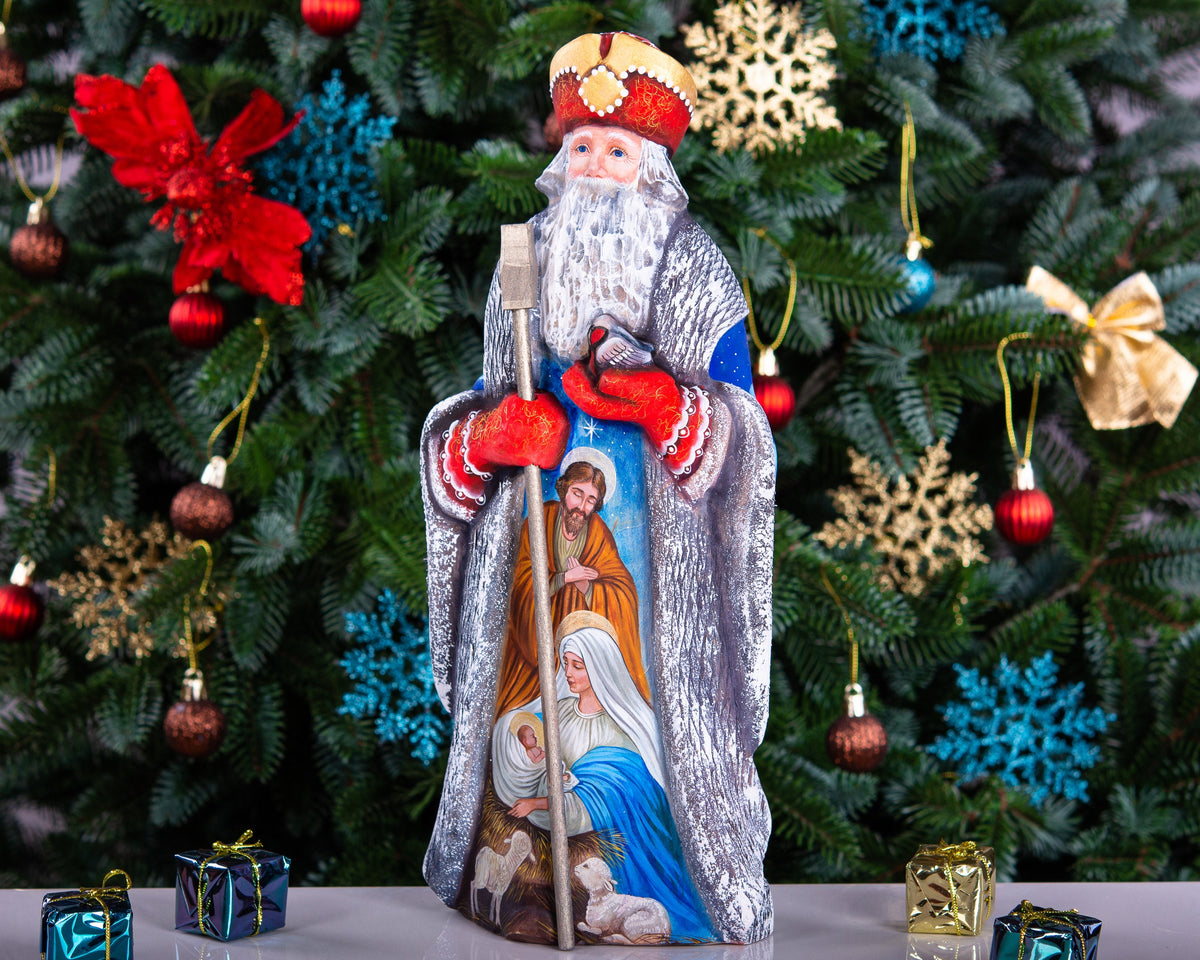 Wooden Old World Santa 12.9 inch, Holy Family nativity, religious Christmas mantel centerpiece