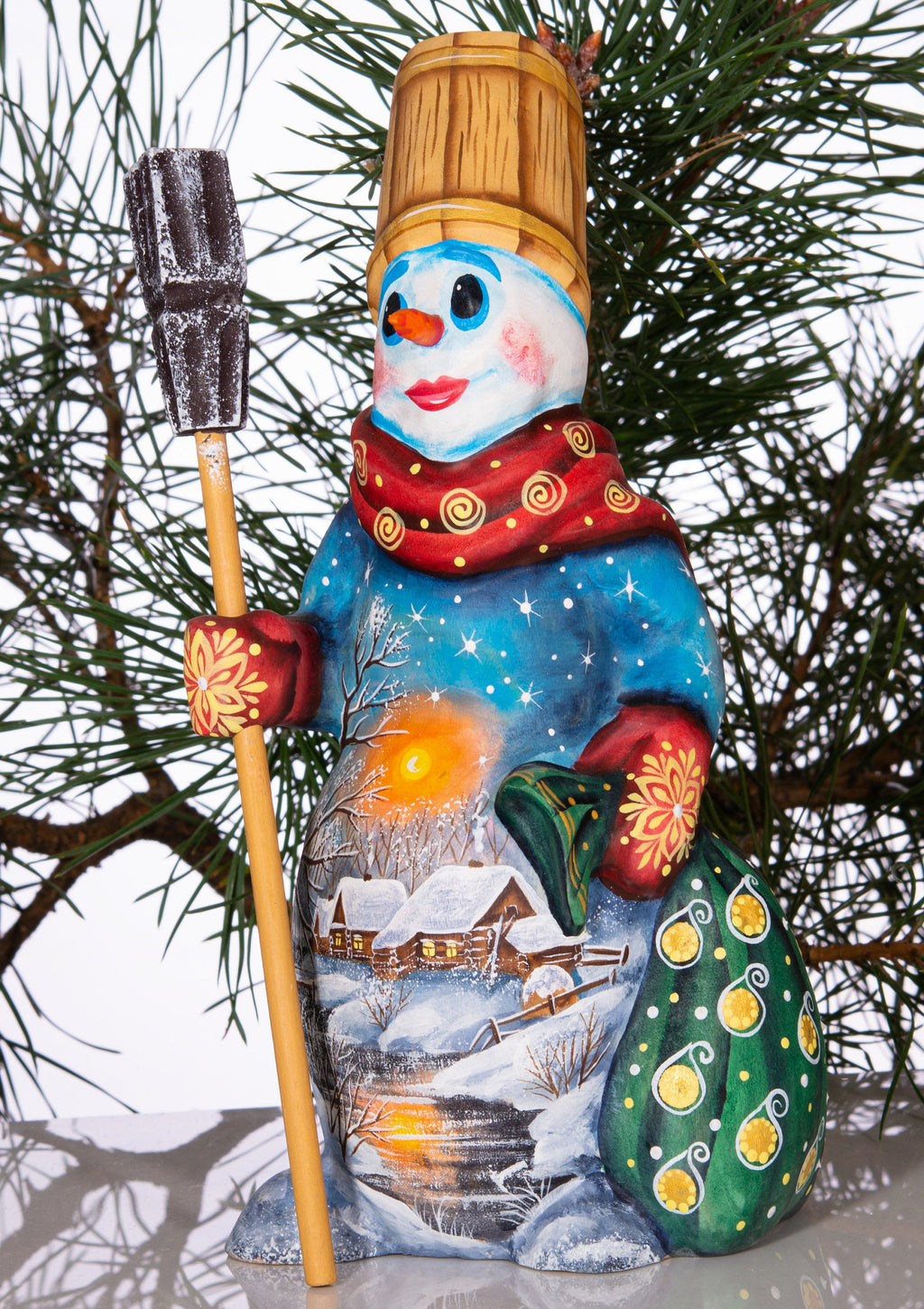 Christmas snowman wood figurine 8 inch, snowy cottage artwork, festive table centerpiece