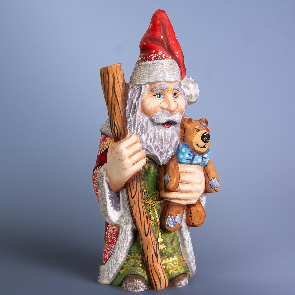 Hand carved wooden Santa figurine 10 inch, teddy bear gift, holiday mantel display