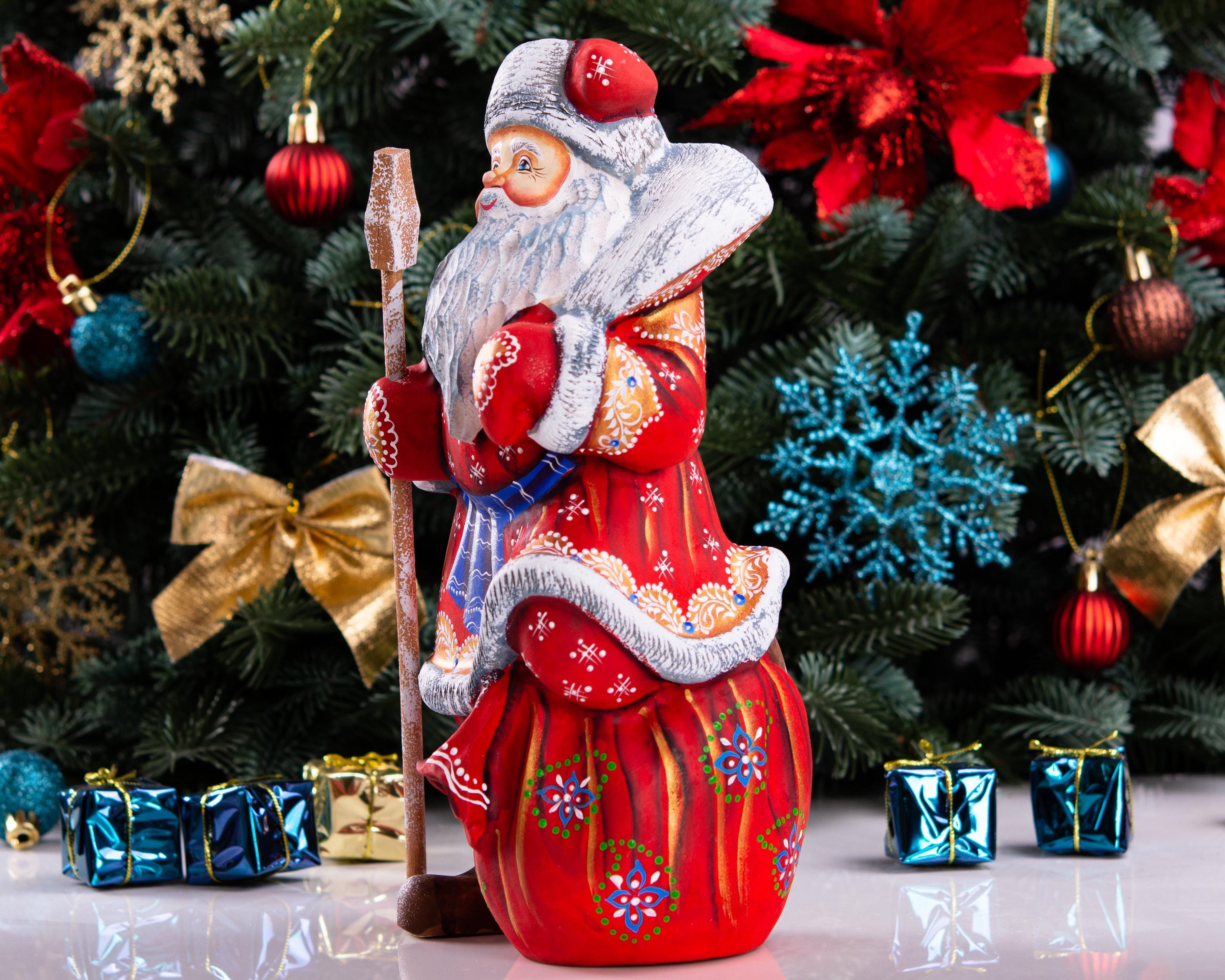 Hand carved Santa wooden figurine 9.5 inch, toy sack, mantel decor