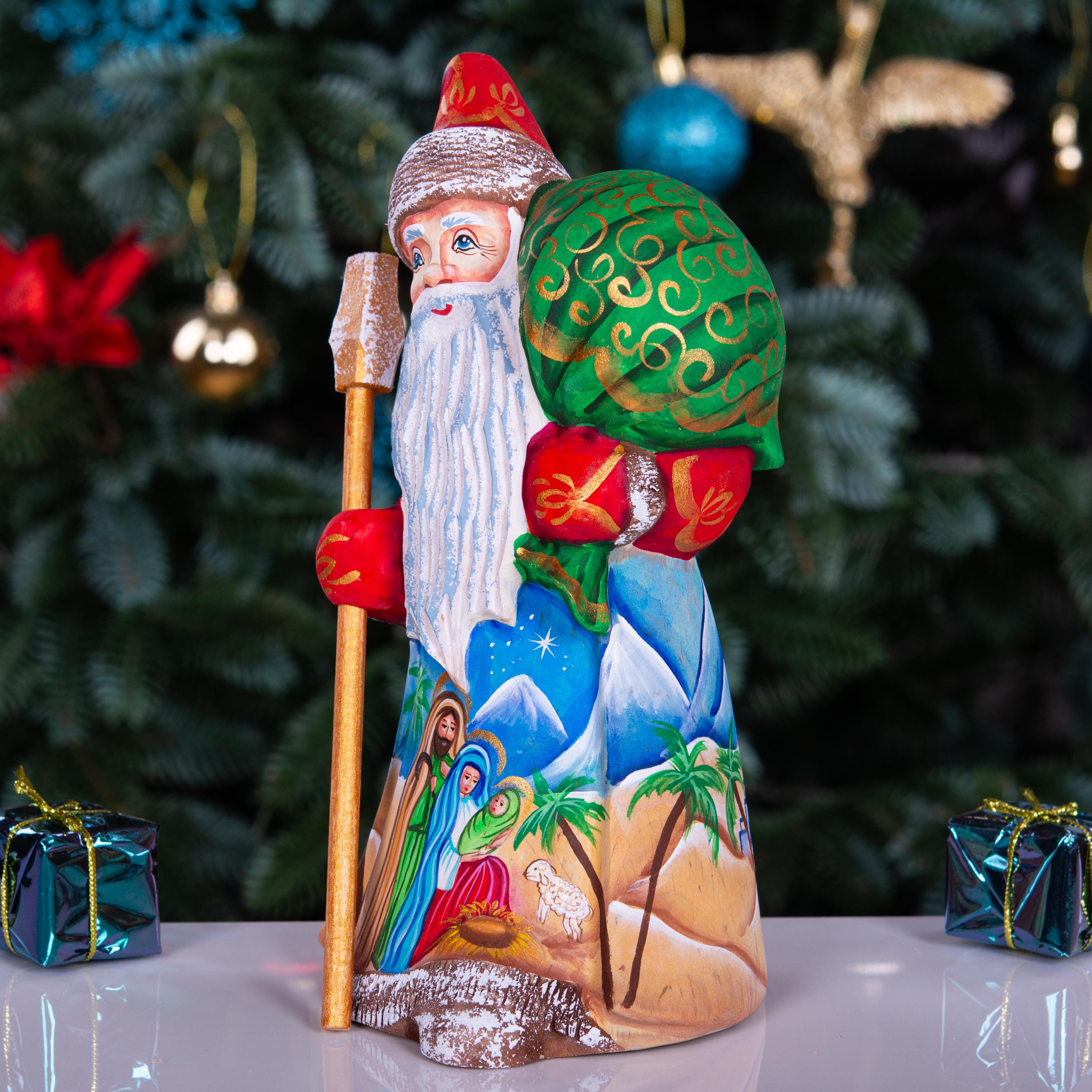 Nativity Santa wood statue 8 inch, Holy Family desert scene, religious shelf Christmas display