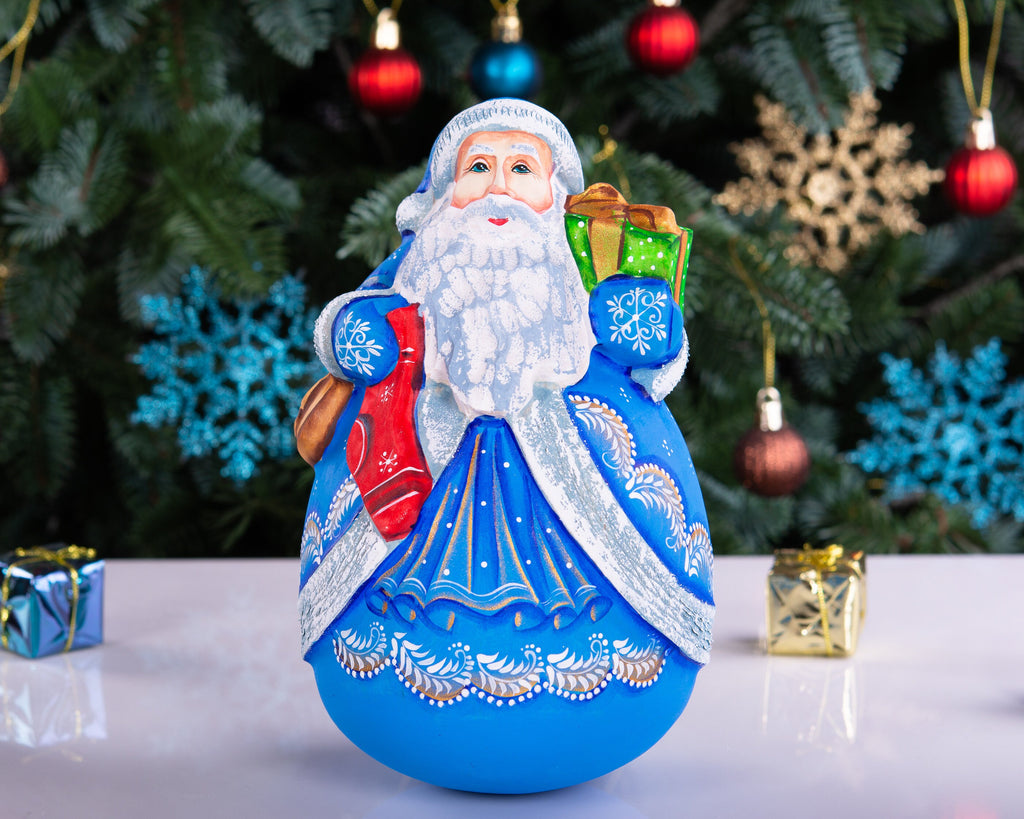 Hand carved blue Santa wooden figurine 7 inch, gift boxes, Christmas mantel decor