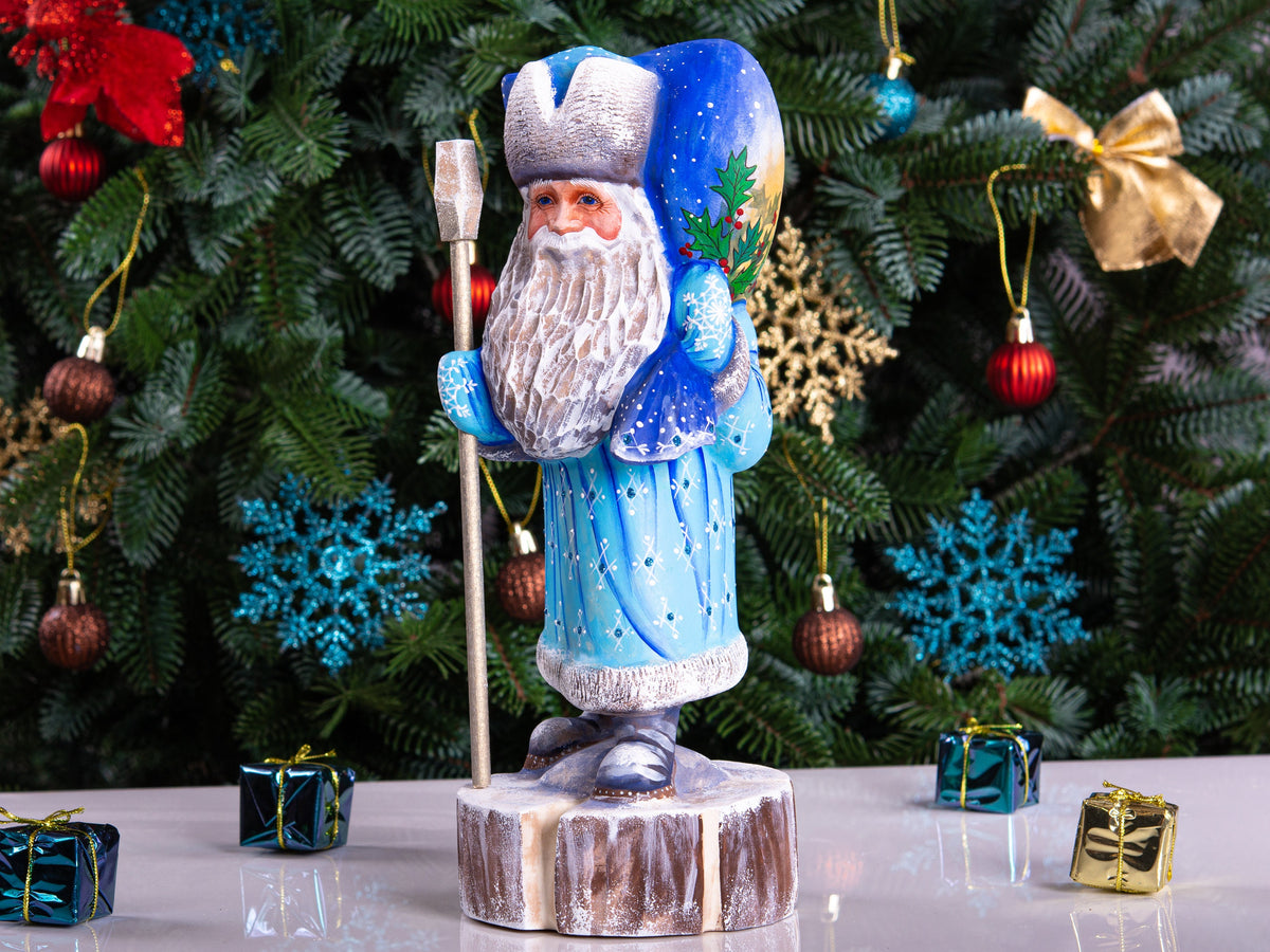 Hand carved Santa wooden statue 11 inch, folk art backpack scene