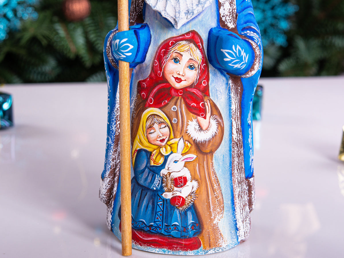 Wooden Santa figurine 9.1 inch, hand painted child scene, collectible Christmas mantel shelf decor