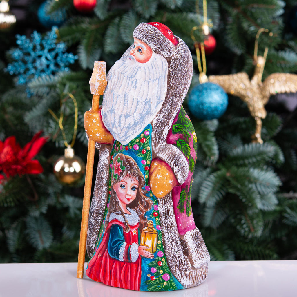Santa figurine with staff, hand painted girl with lantern, 9.4 inch