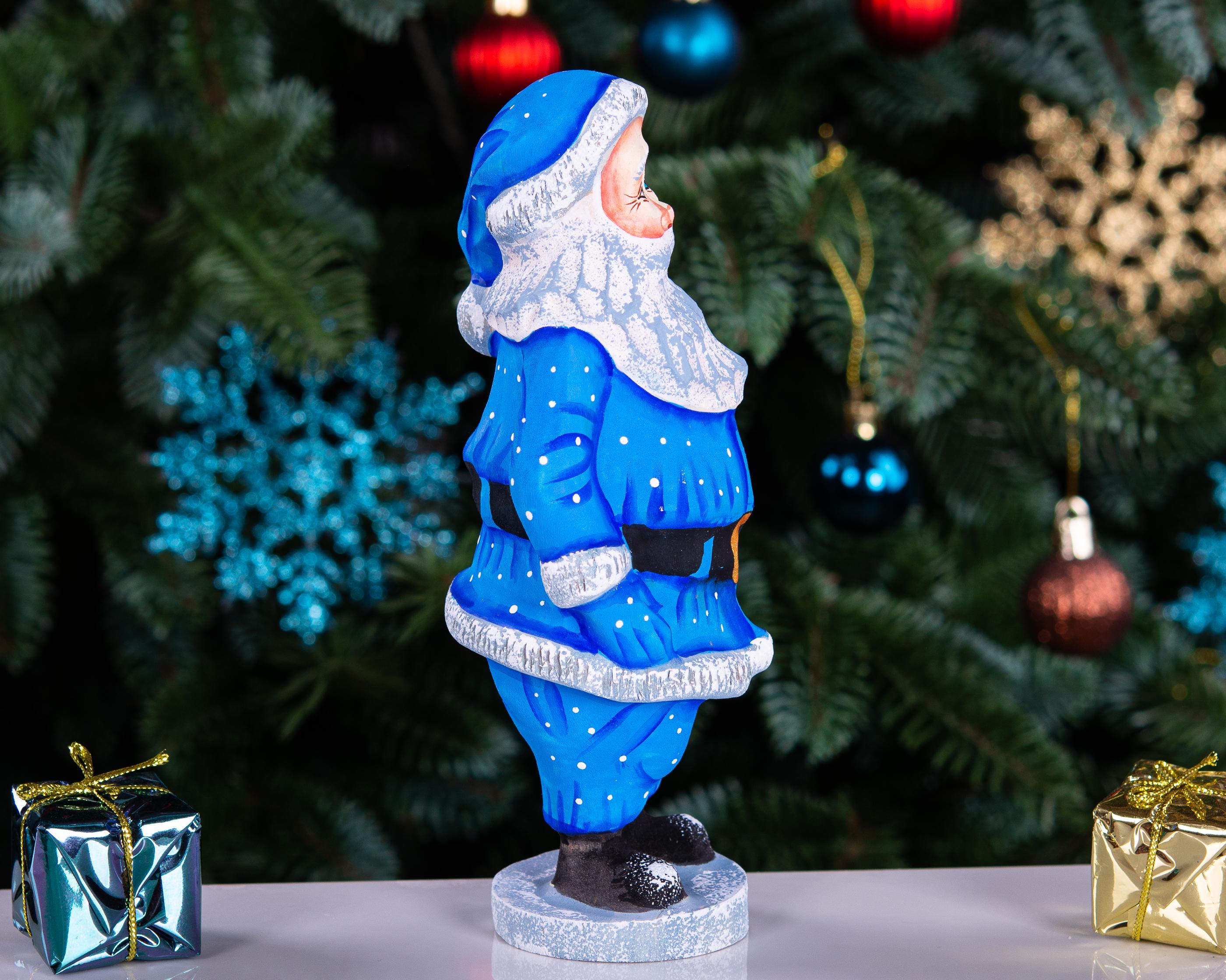 Father Frost, Hand‑Carved Wood, Frosty Trim Blue Suit, 6.7″
