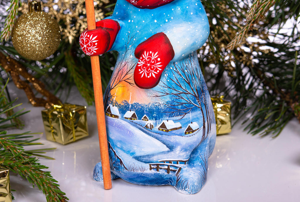 Old World snowman wood carving 9.1 inch, broom, mantel display