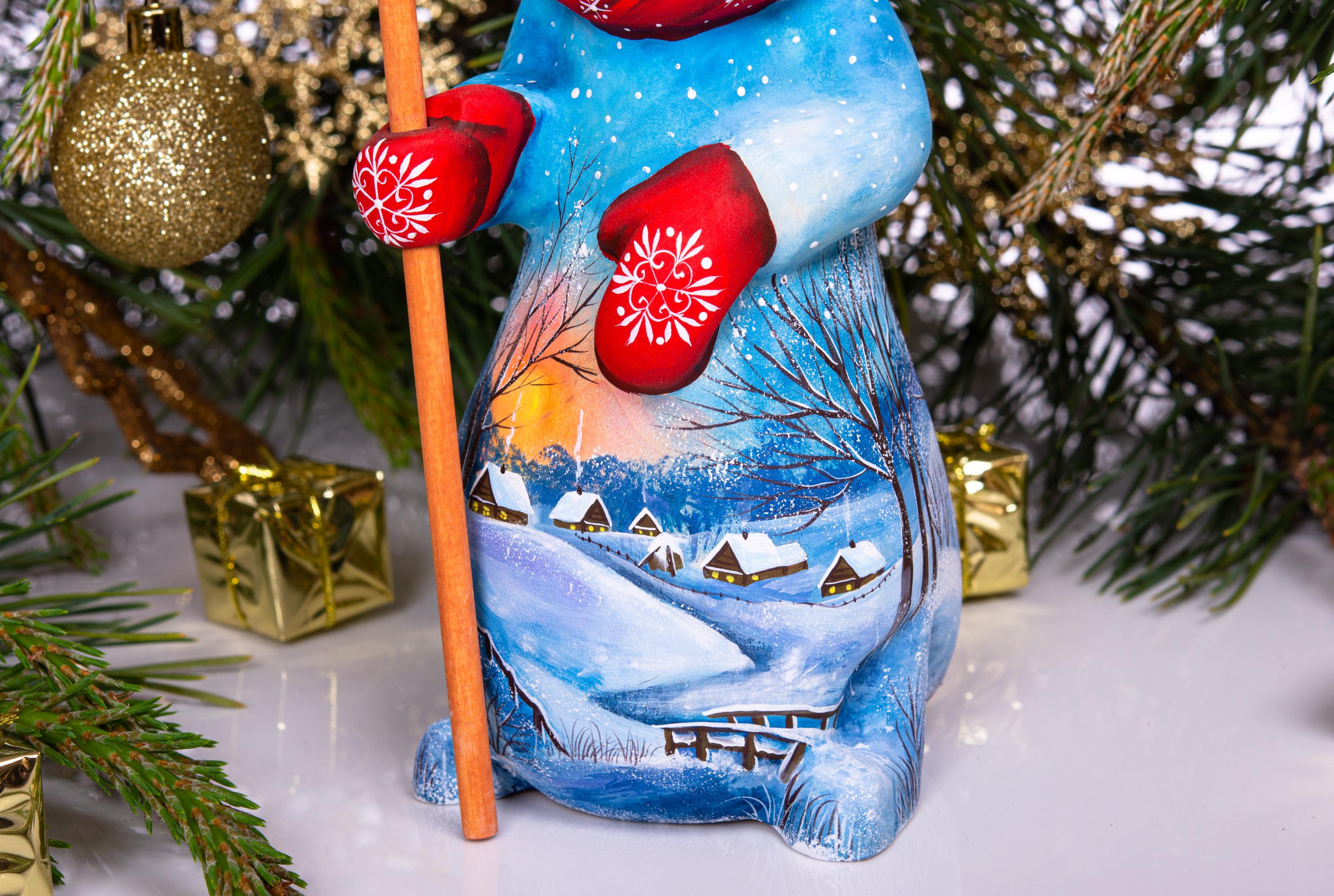 Old World snowman wood carving 9.1 inch, broom, mantel display