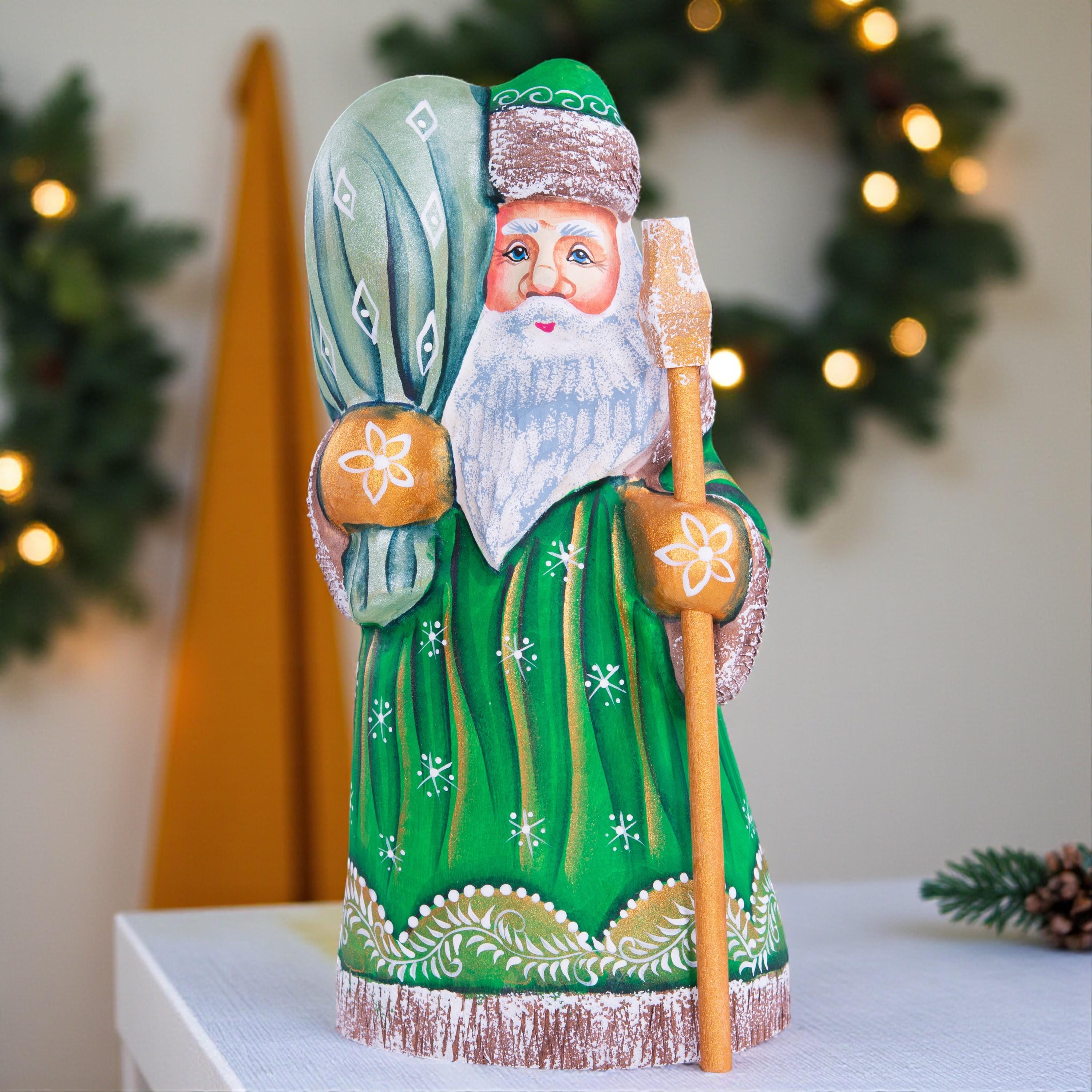 Hand carved Santa wooden figurine 8.3 inch, staff and sack