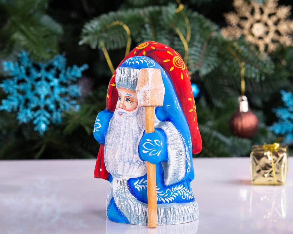 Hand Carved Wood Santa Figurine: Blue Coat Folk Art Collectible