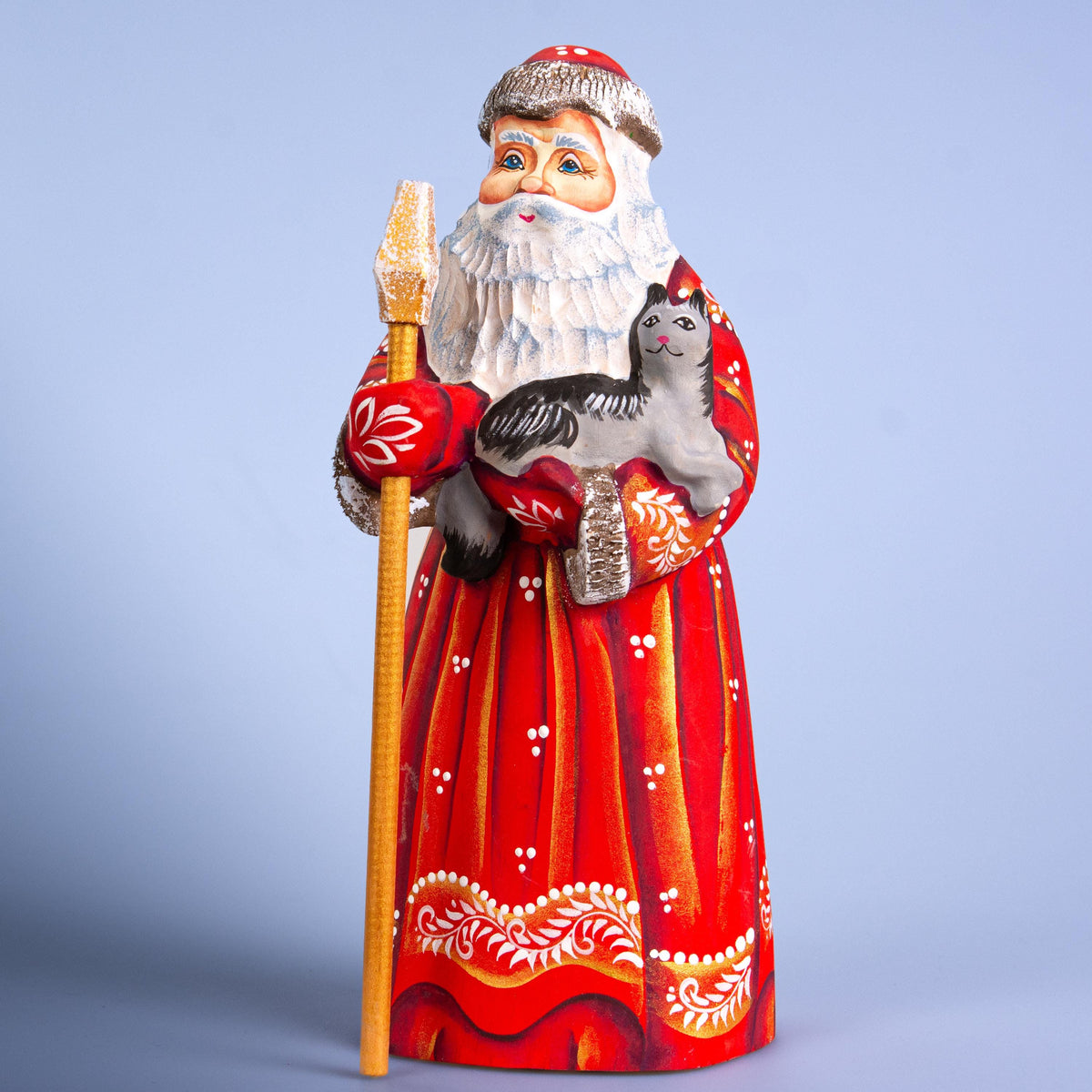 Wooden Santa figurine 9", hand carved Cat lover Accent for Mantel