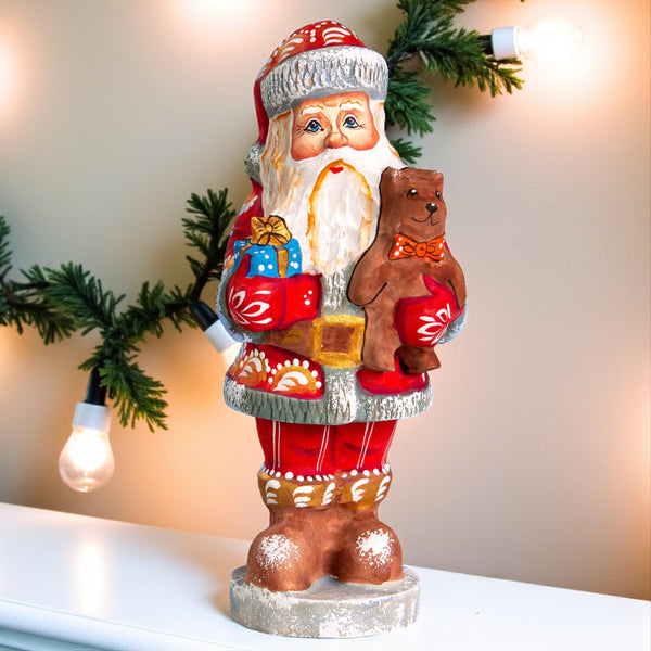 Hand carved wooden Santa figurine 7 inch, teddy bear toy, Christmas mantel decor