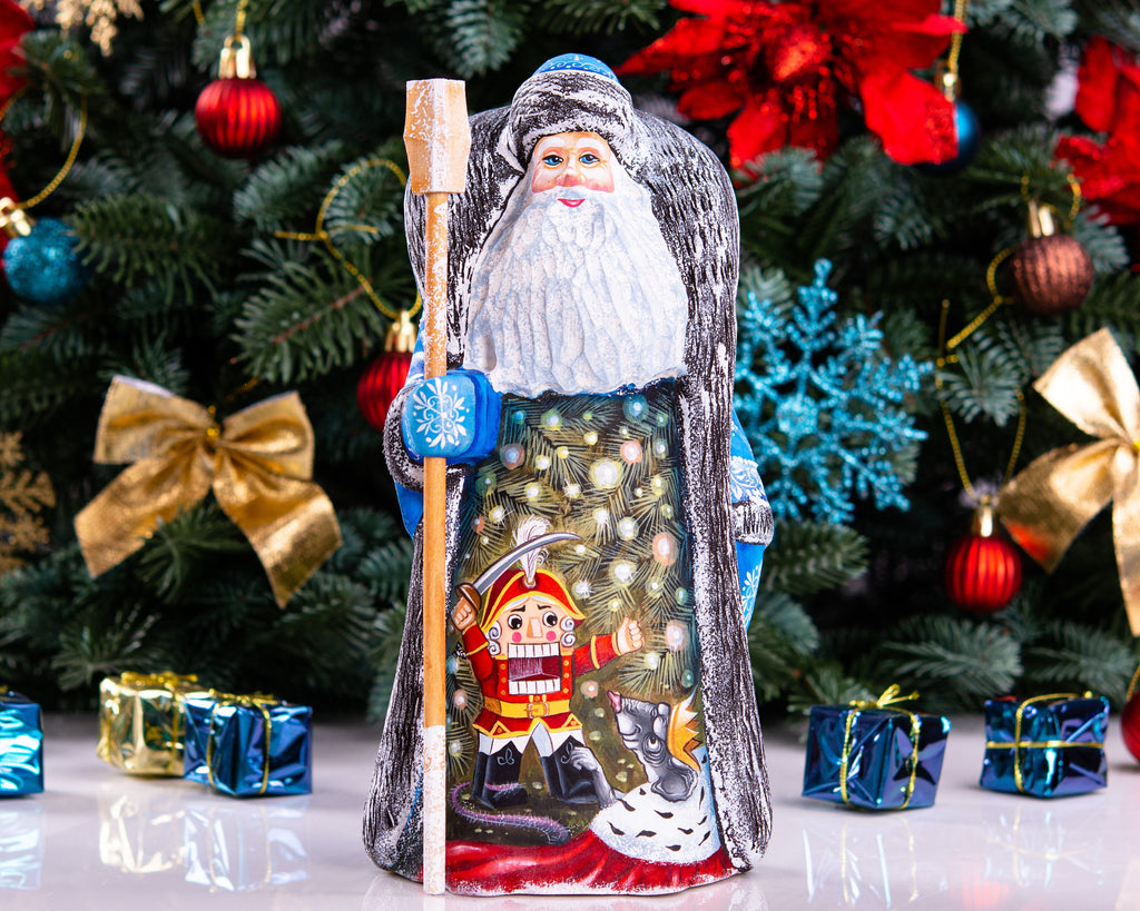 Hand carved wooden Santa figurine 9.4 inch, Nutcracker scene, blue coat, holiday mantel display