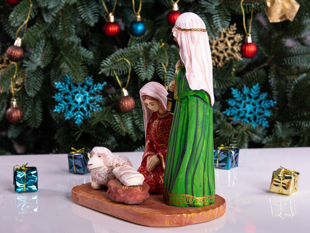 Hand Carved Wooden Nativity Set: Painted Christmas Crèche with Mary, Joseph, Jesus & Sheep